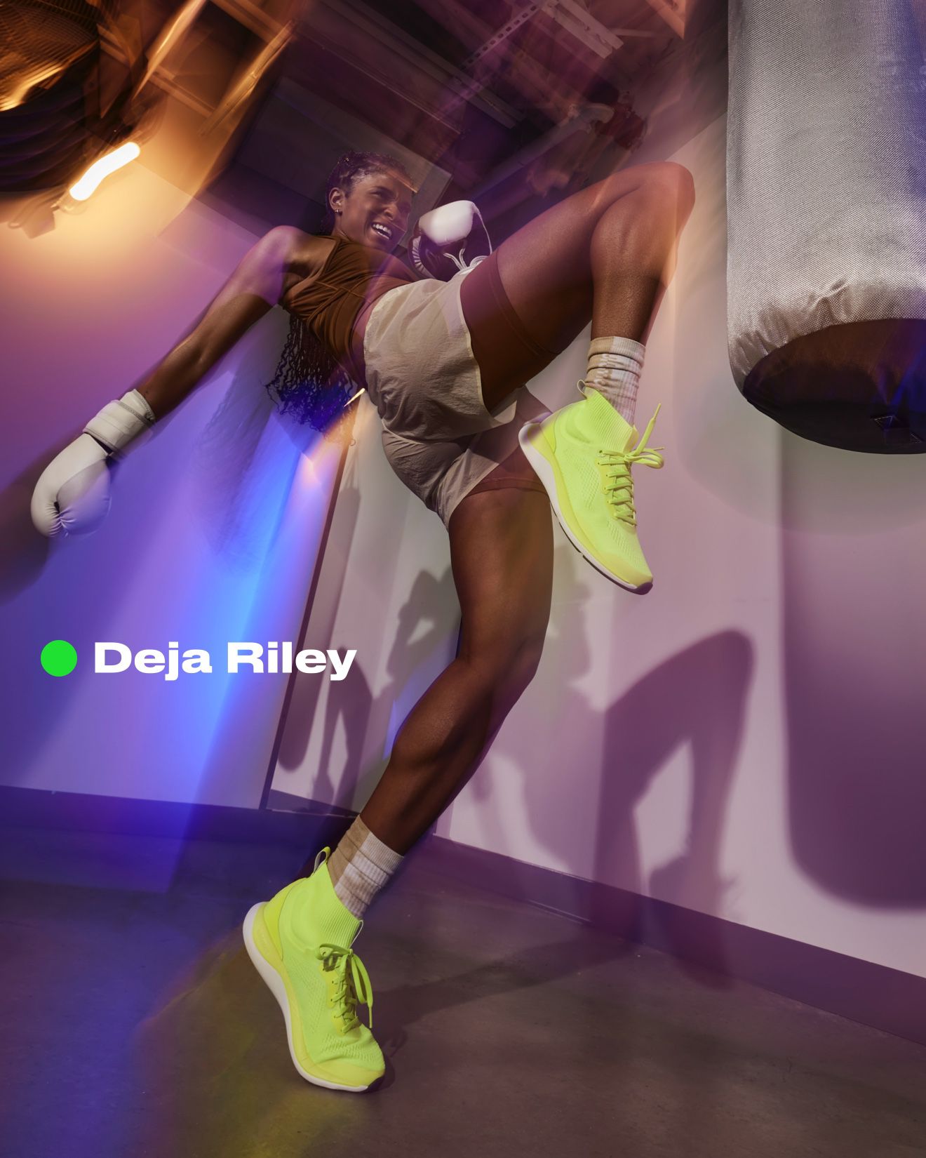 Deja Riley, lululemon ambassador, boxing in the new chargefeel mid—in Highlight Yellow.
