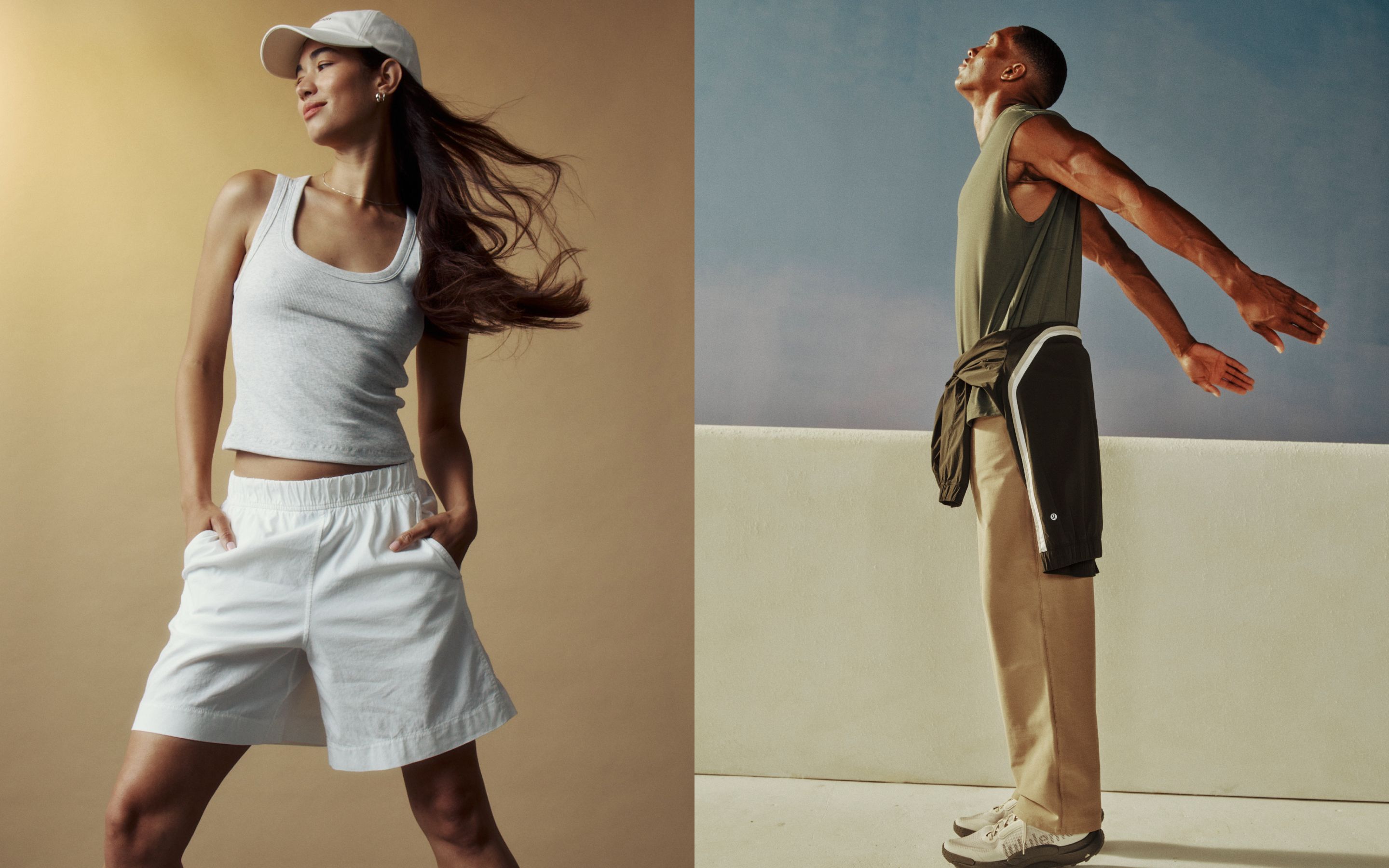 Links: Eine Person trägt das gerippte Little-Tanktop mit U-Ausschnitt in einem Grauton und die LuluLinen Shorts im Relaxed Fit in Weiß. Rechts: Eine Person trägt das ärmellose EasySet-Shirt in einem Grünton und die EasyFive-Hose im Loose Fit in Beige.