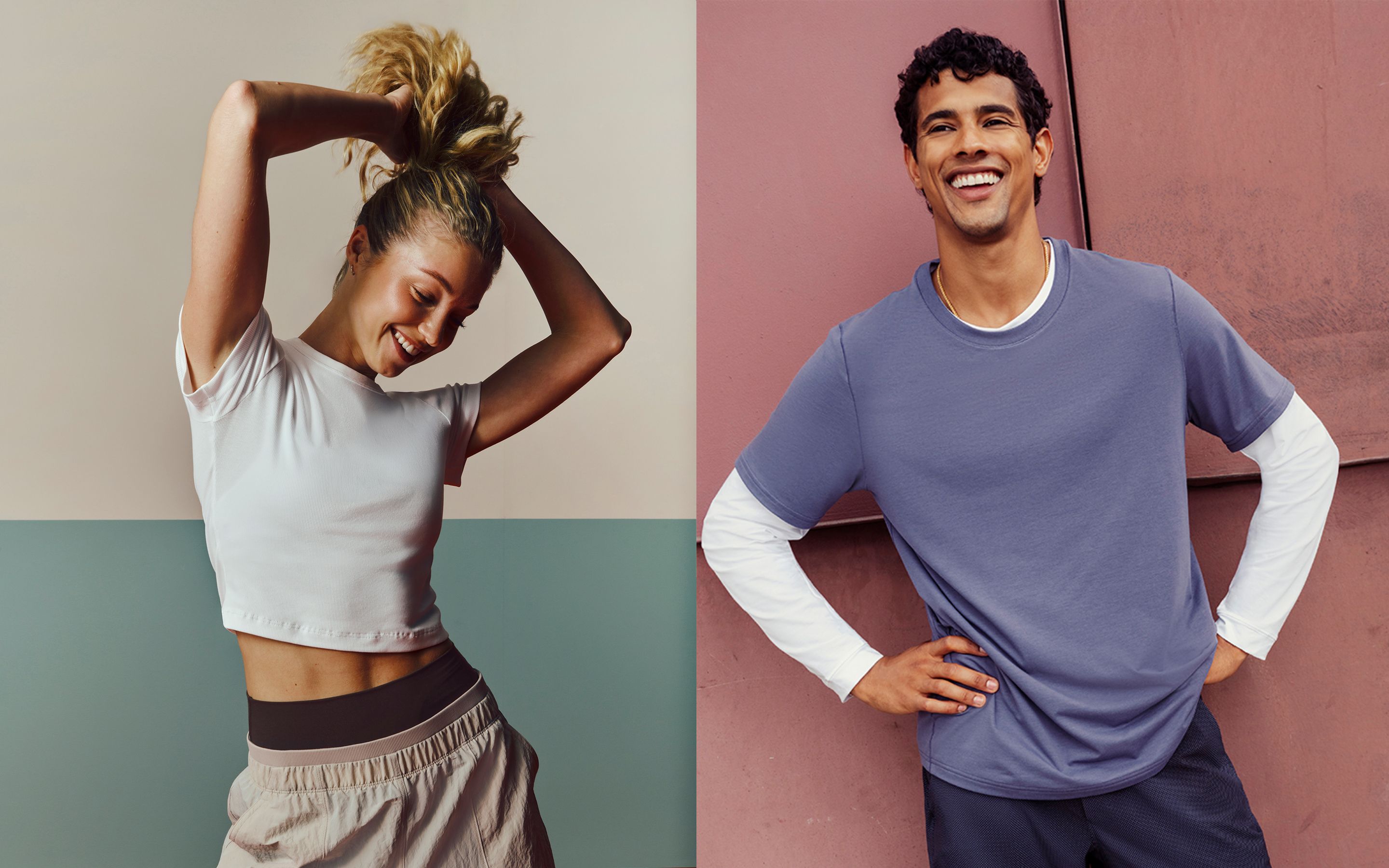 Left: athlete wears Little Tee in White. Right: athlete wears Cotton-Blend Classic Tee in Dusty Diamond.