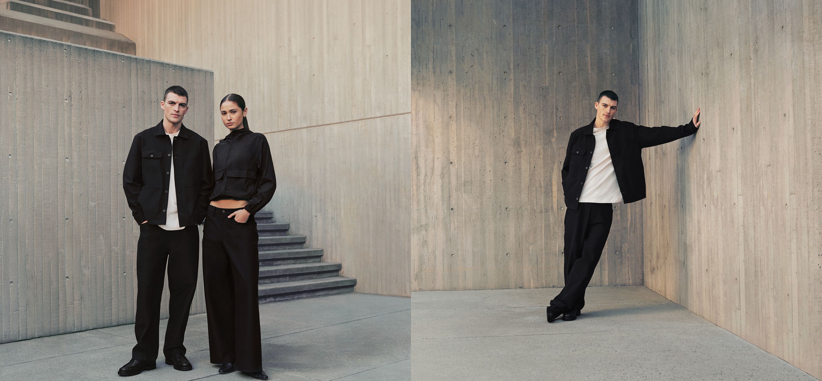 Links: Eine Person trägt die EasyFive-Hose mit geradem Bein im Loose Fit und den Utilitech Twill Chore Coat, beides in Schwarz. Rechts: Eine Person trägt die Always Effortless-Jacke und die EasyFive-Hose mit weitem Bein, beides in Schwarz.