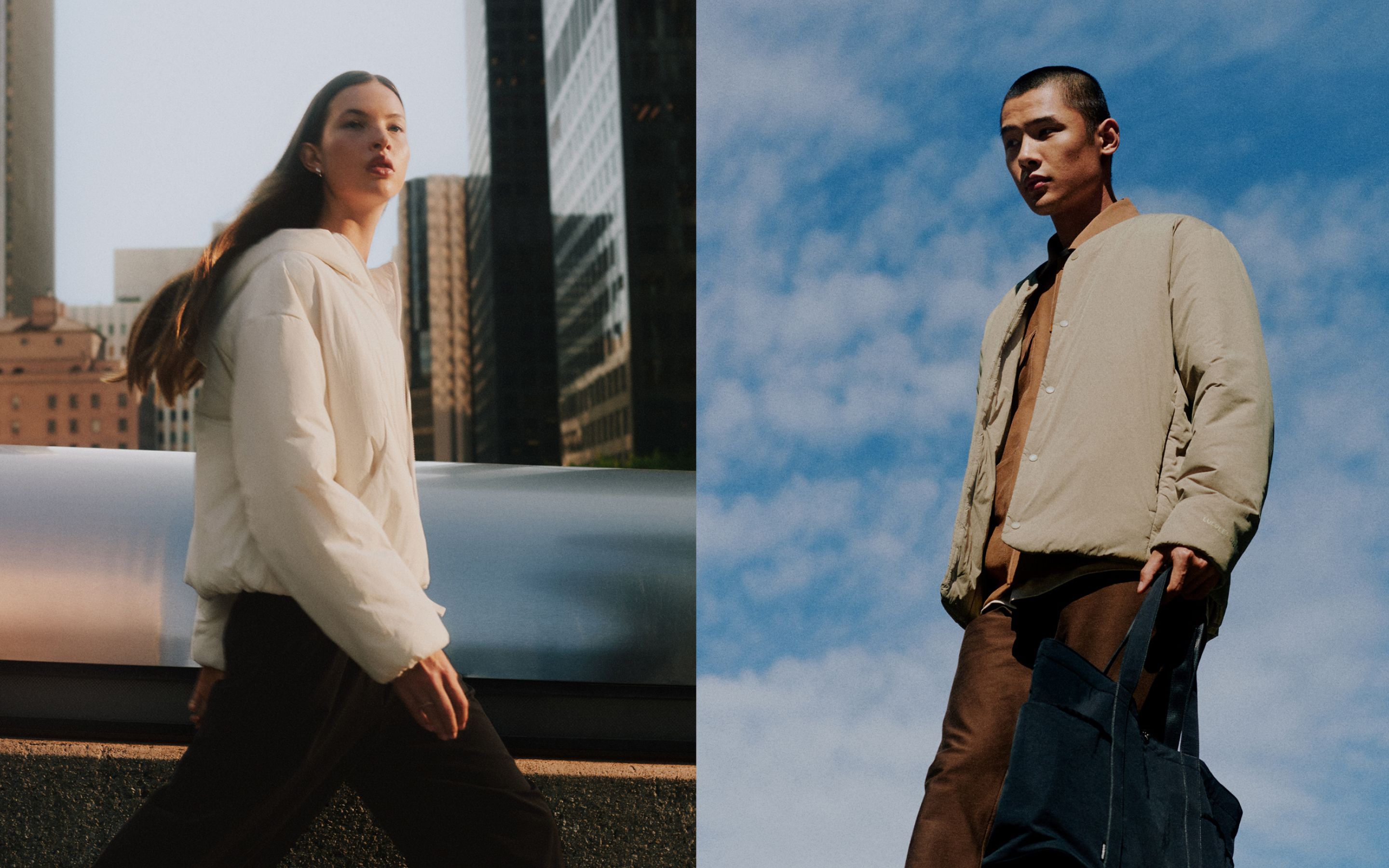 Left: athlete wears Women’s Thermozen Insulated Hoodie in Light Ivory, Right: athlete wears Men’s Thermozen Insulated Jacket in Sheer Oak.