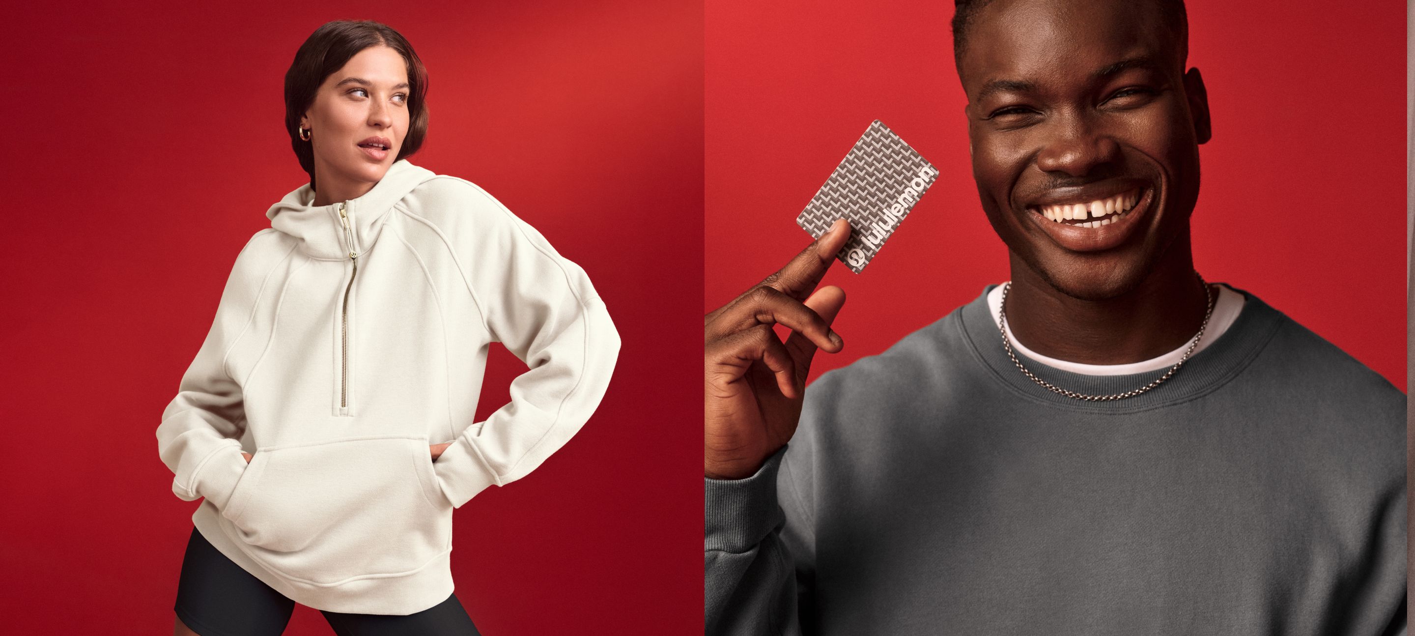 1. A person in an active pose wearing the Women’s Oversized Scuba in Ivory and the Align High-Rise Short in black. 2. A person holding a lululemon Gift Card, wearing the Men’s Steady State Sweatshirt in Onyx Grey.
