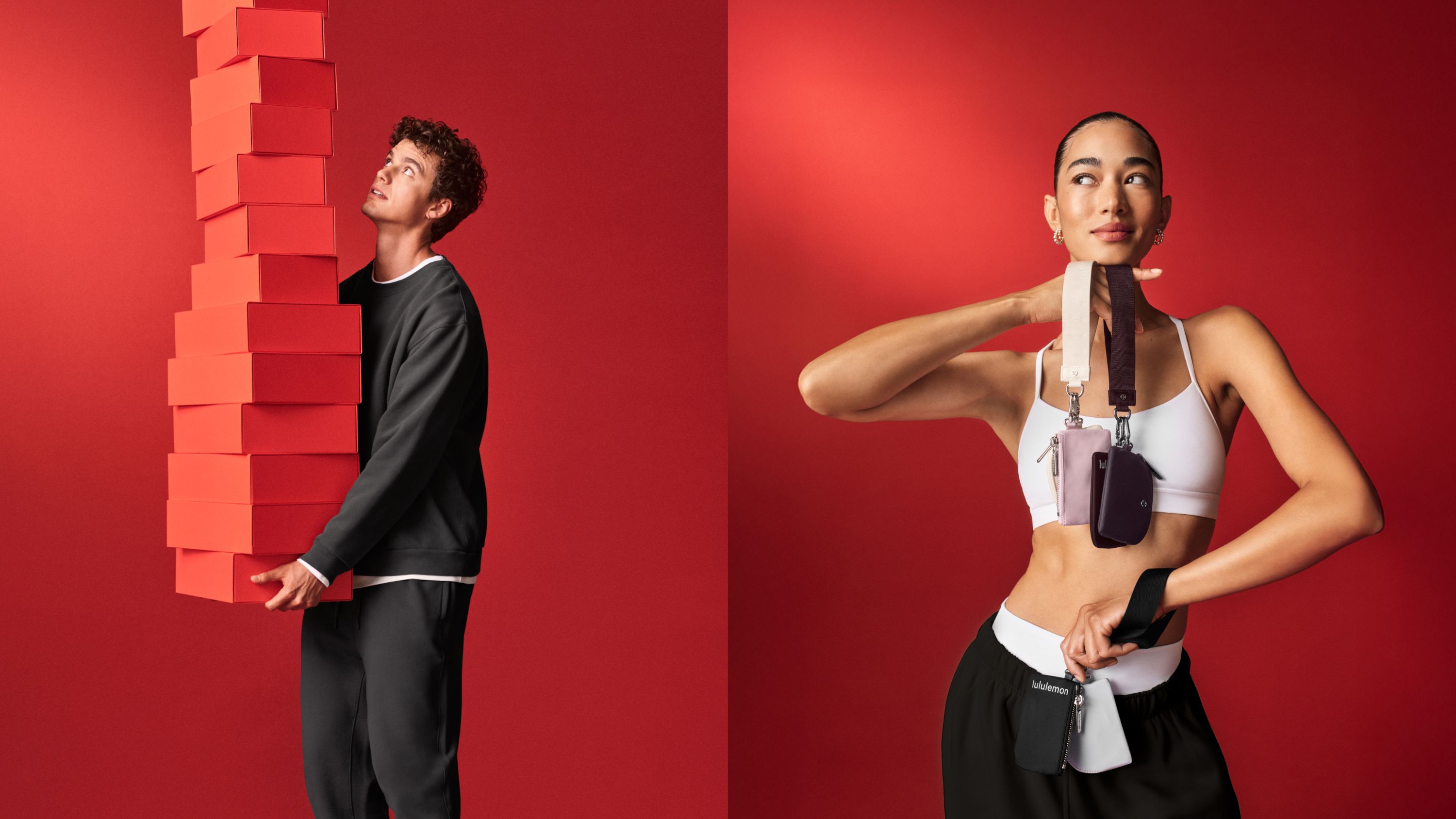  Man wearing lululemon Steady State Loungewear carrying gifts and a Woman in lululemon Flow Y Bra holding lululemon pouches