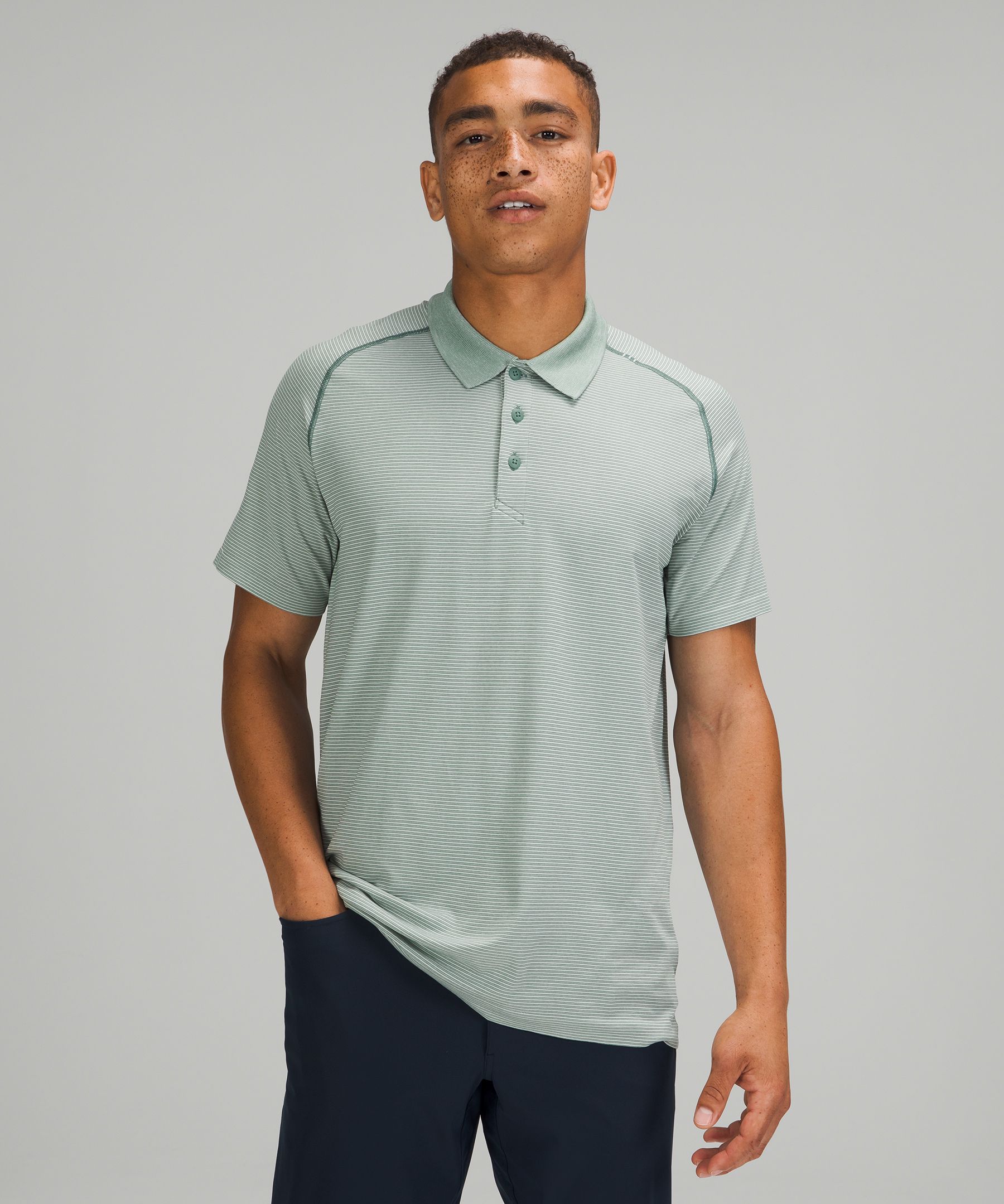 Lululemon Metal Vent Tech Polo Shirt 2.0 *online Only In Spandex Stripe White/tidewater Teal