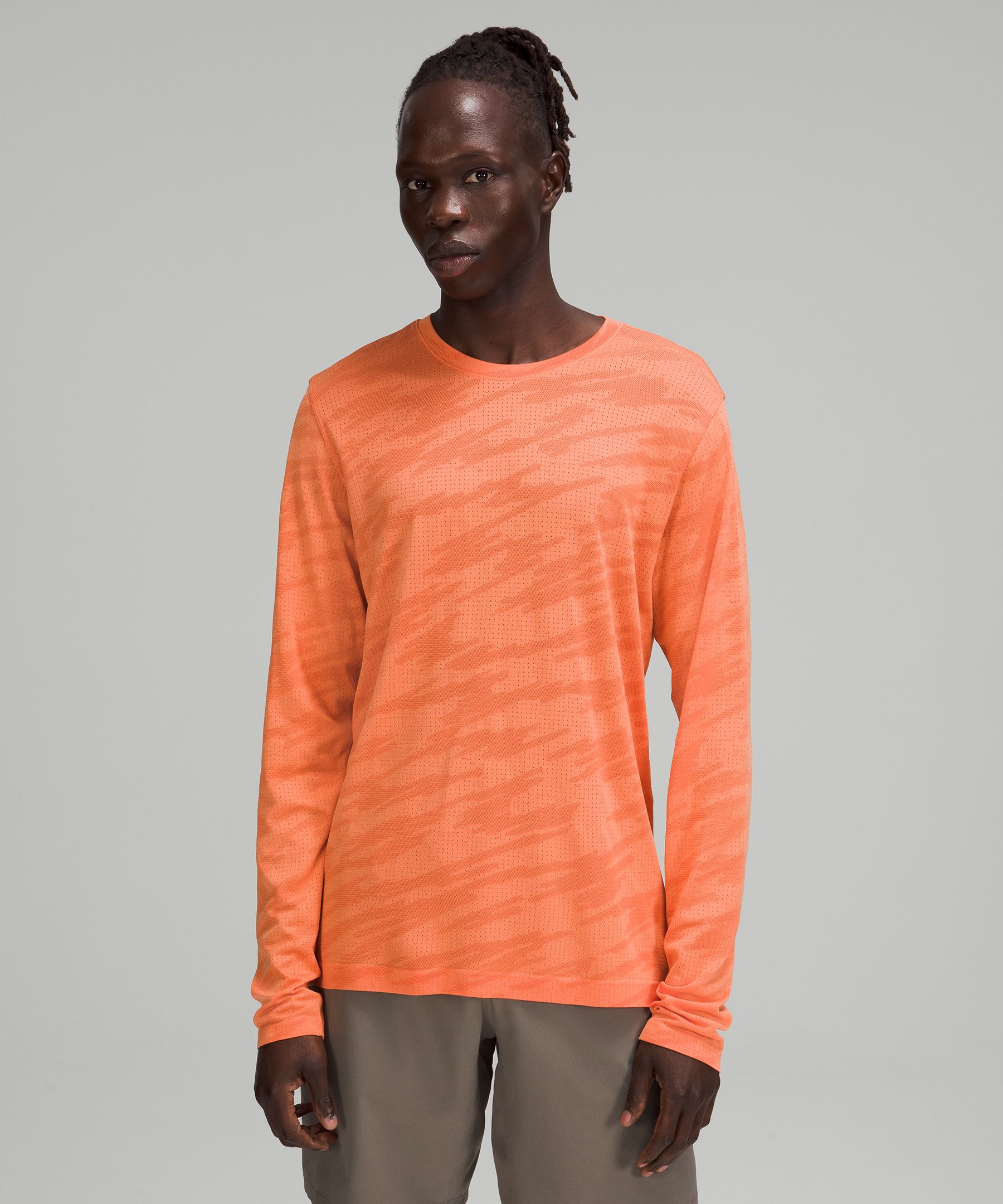 Lululemon Metal Vent Breathe Long Sleeve Shirt In Scatter Surface Warm Coral/golden Apricot