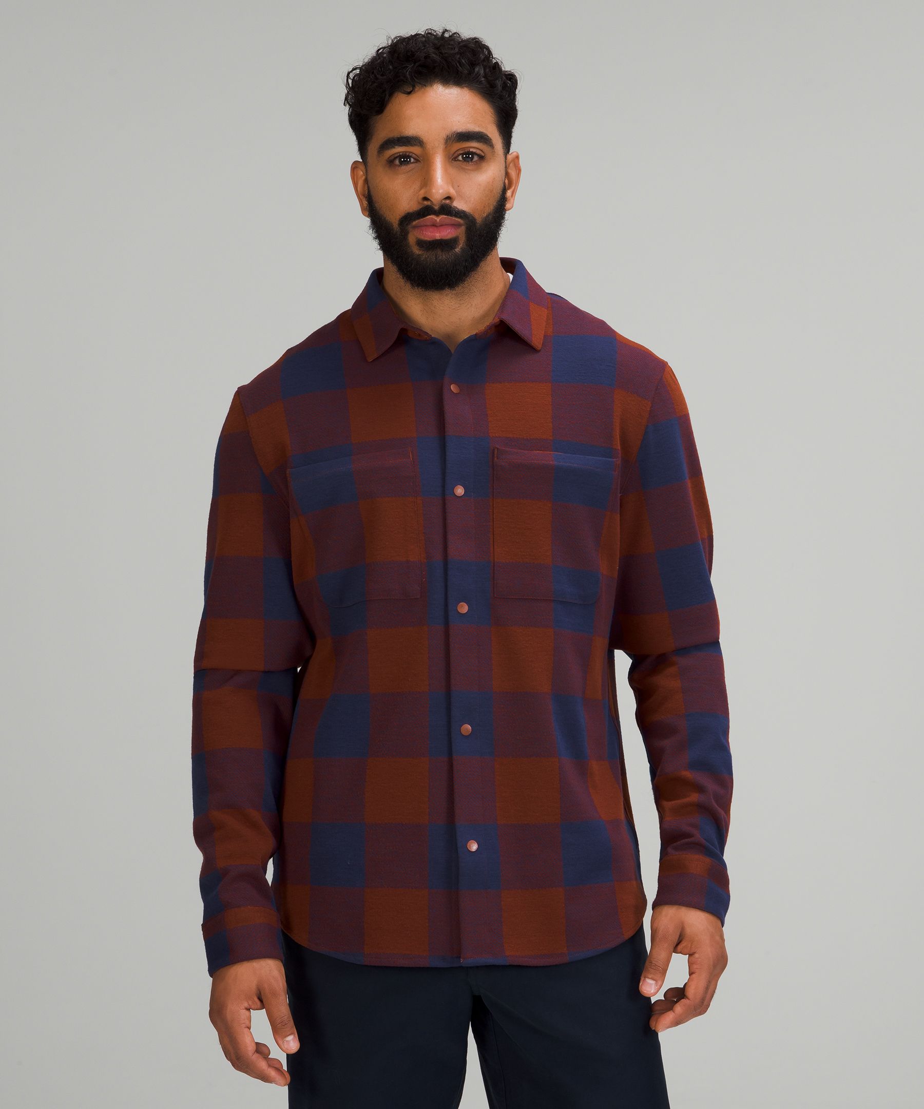 Lululemon Soft Knit Overshirt In Check Plaid Date Brown Night Sea