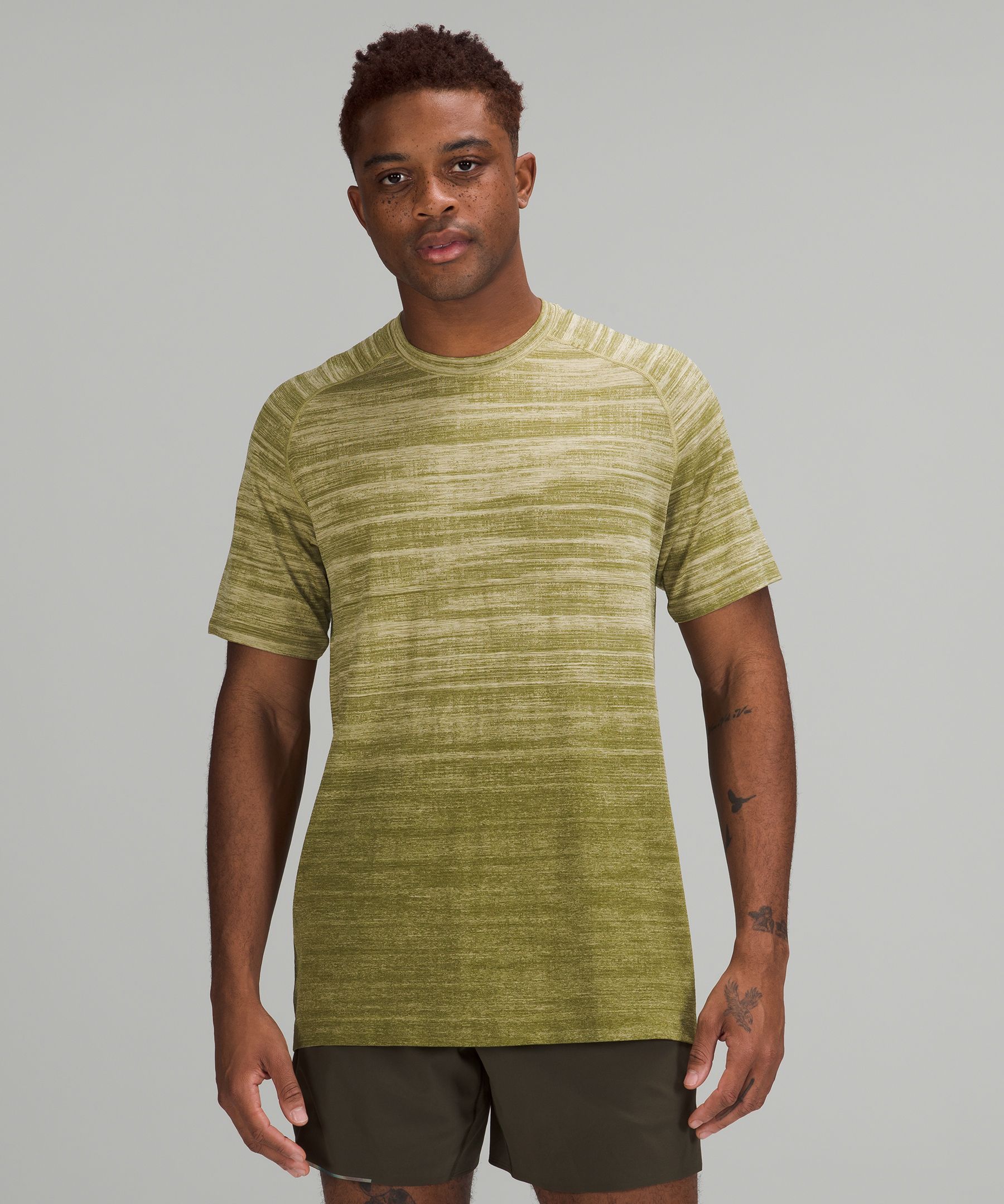 Lululemon Metal Vent Tech Short Sleeve Shirt 2.0 In Static Storm Stripe Juniper Green/lemon Chiffon