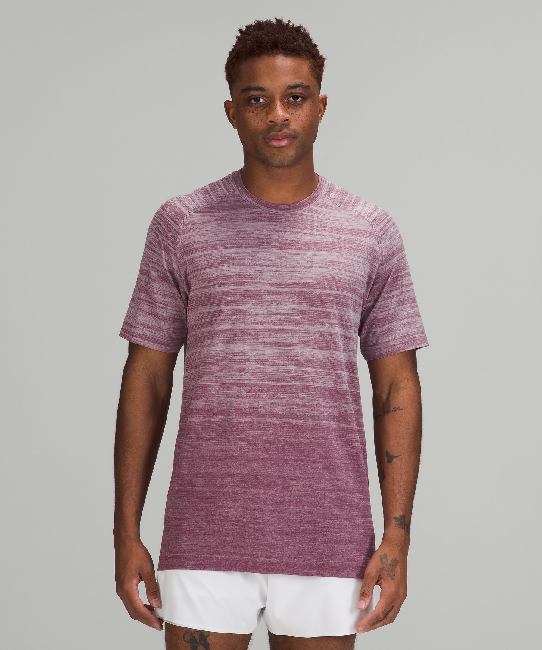 Lululemon Metal Vent Tech Short Sleeve Shirt 2.0 In Static Storm Stripe Vintage Plum/dusty Rose