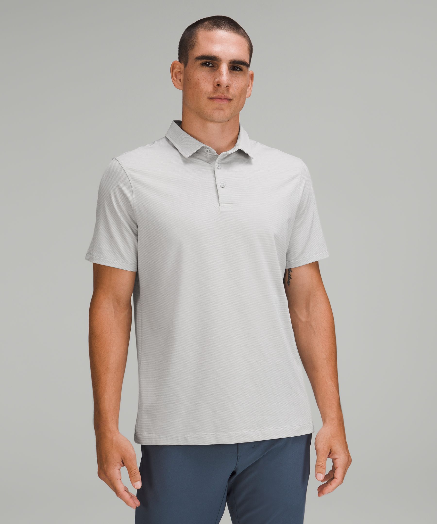 Lululemon Evolution Short Sleeve Polo Shirt In Commission Stripe Seal Grey White