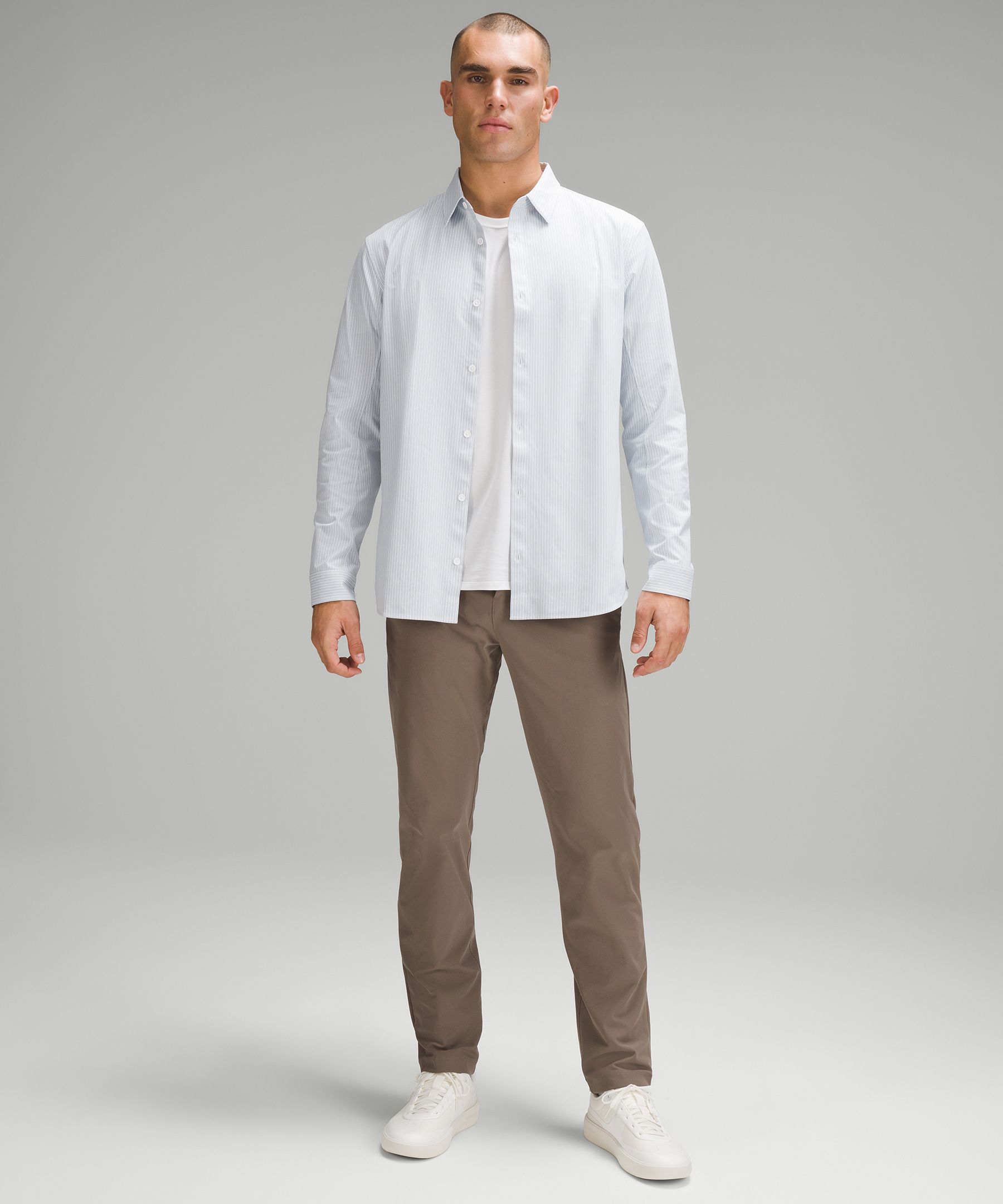 New Venture Slim-Fit Long-Sleeve Shirt in Blue Linen with ABC Slim-Fit  Trouser in Nomad : r/Lululemen