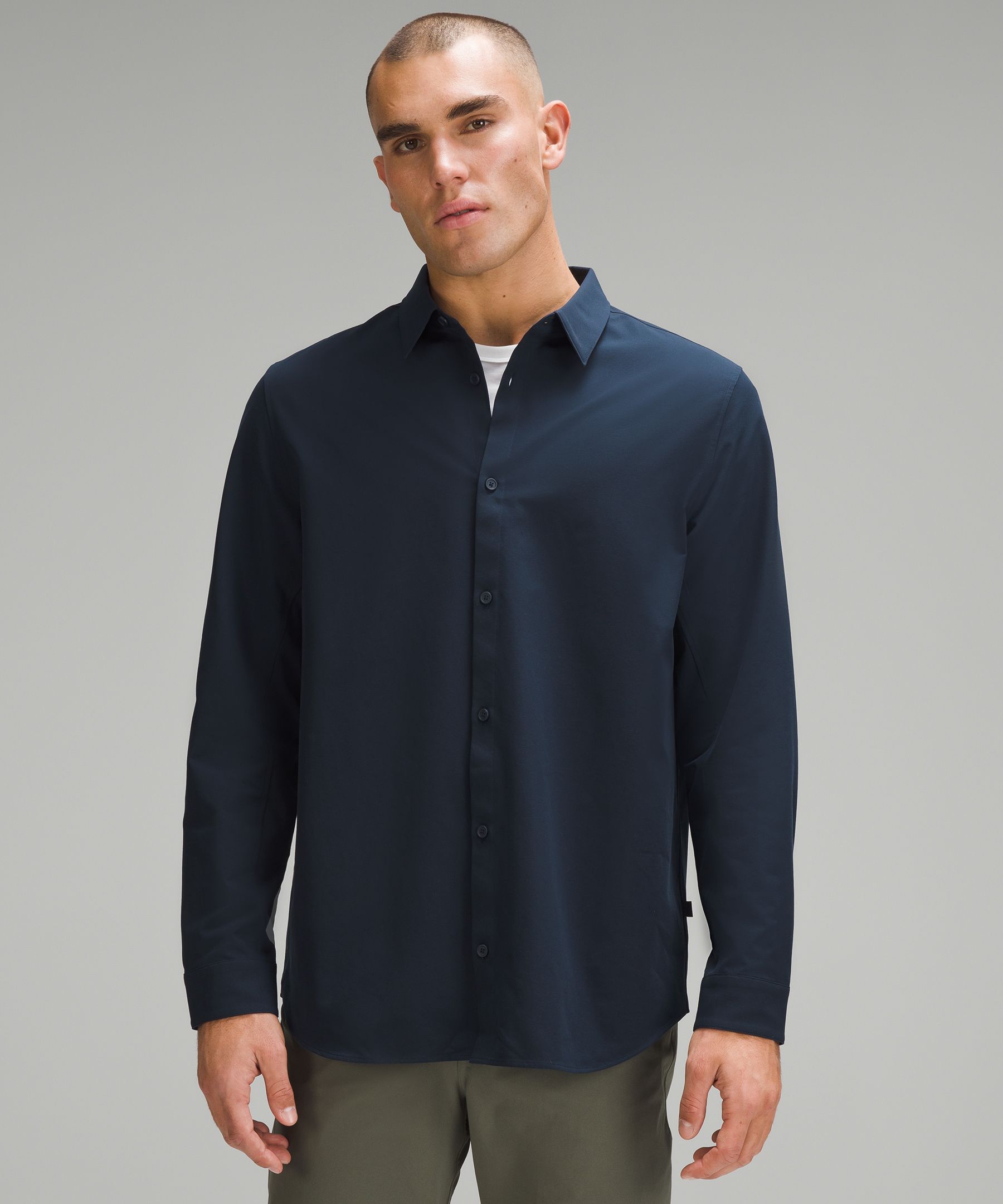 New Venture Slim-Fit Long-Sleeve Shirt in Blue Linen with ABC Slim-Fit  Trouser in Nomad : r/Lululemen