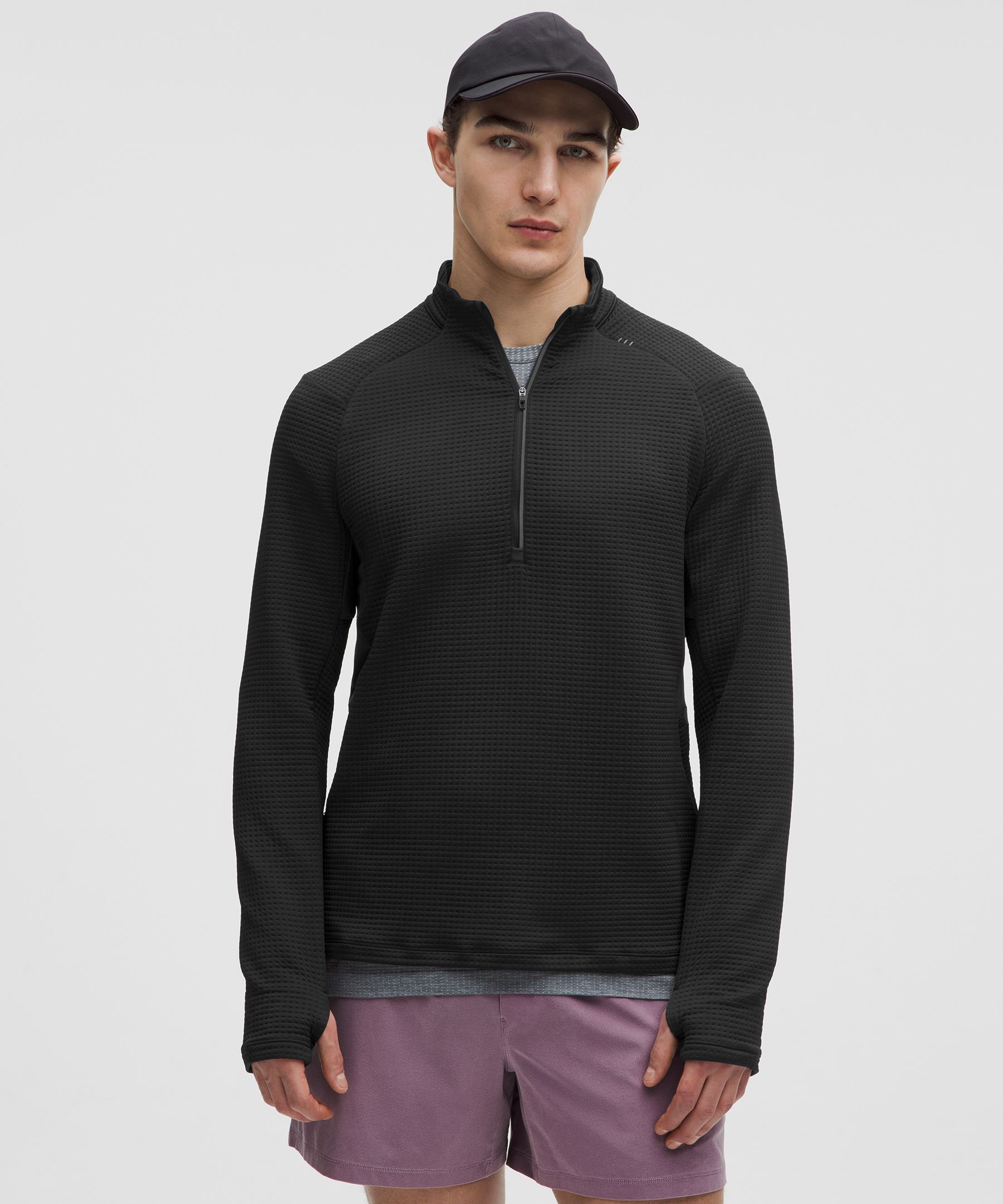 Waffle-Knit Half Zip - Black,Neutral