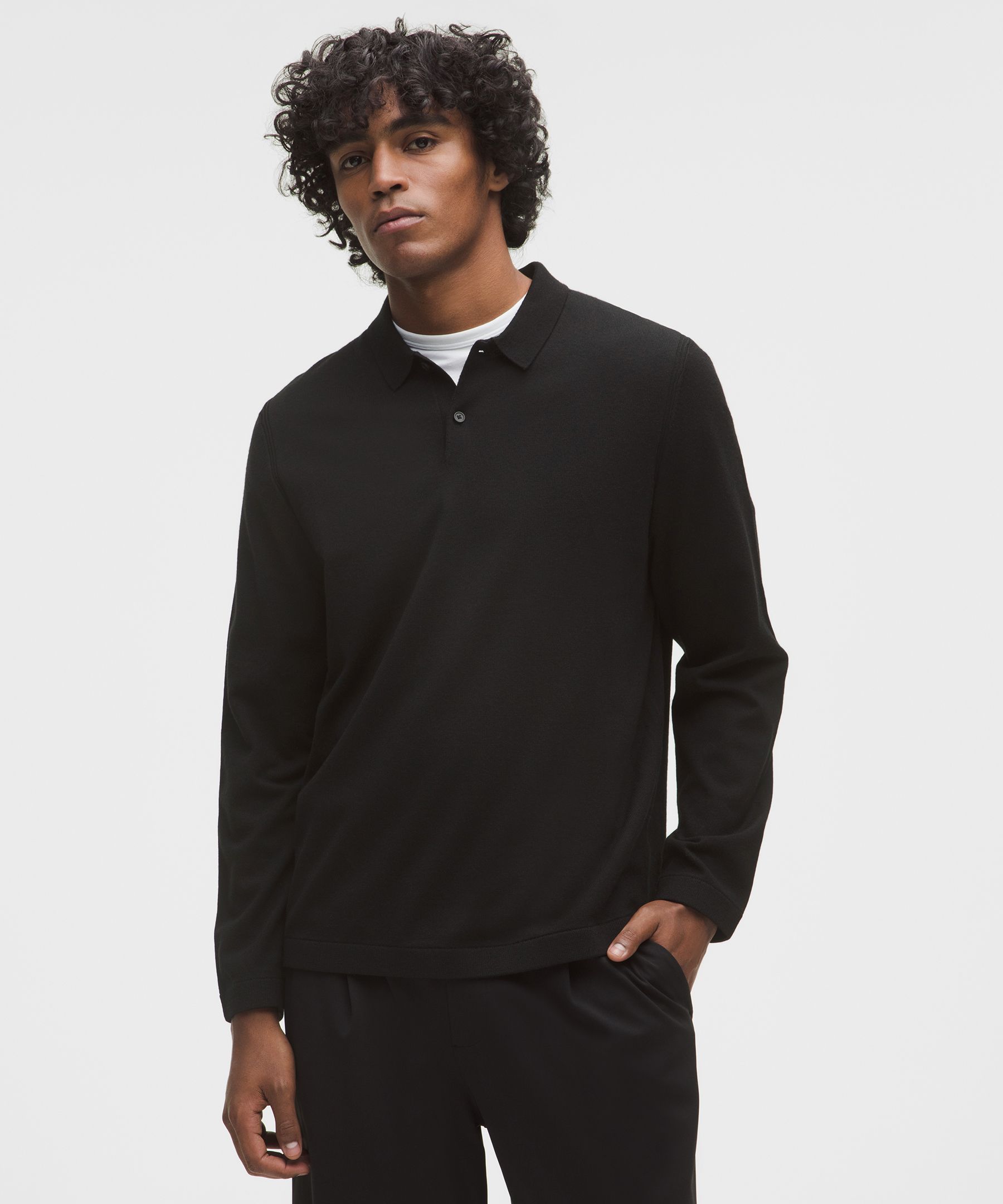 New Venture Long-Sleeve Knit Polo Shirt - Black