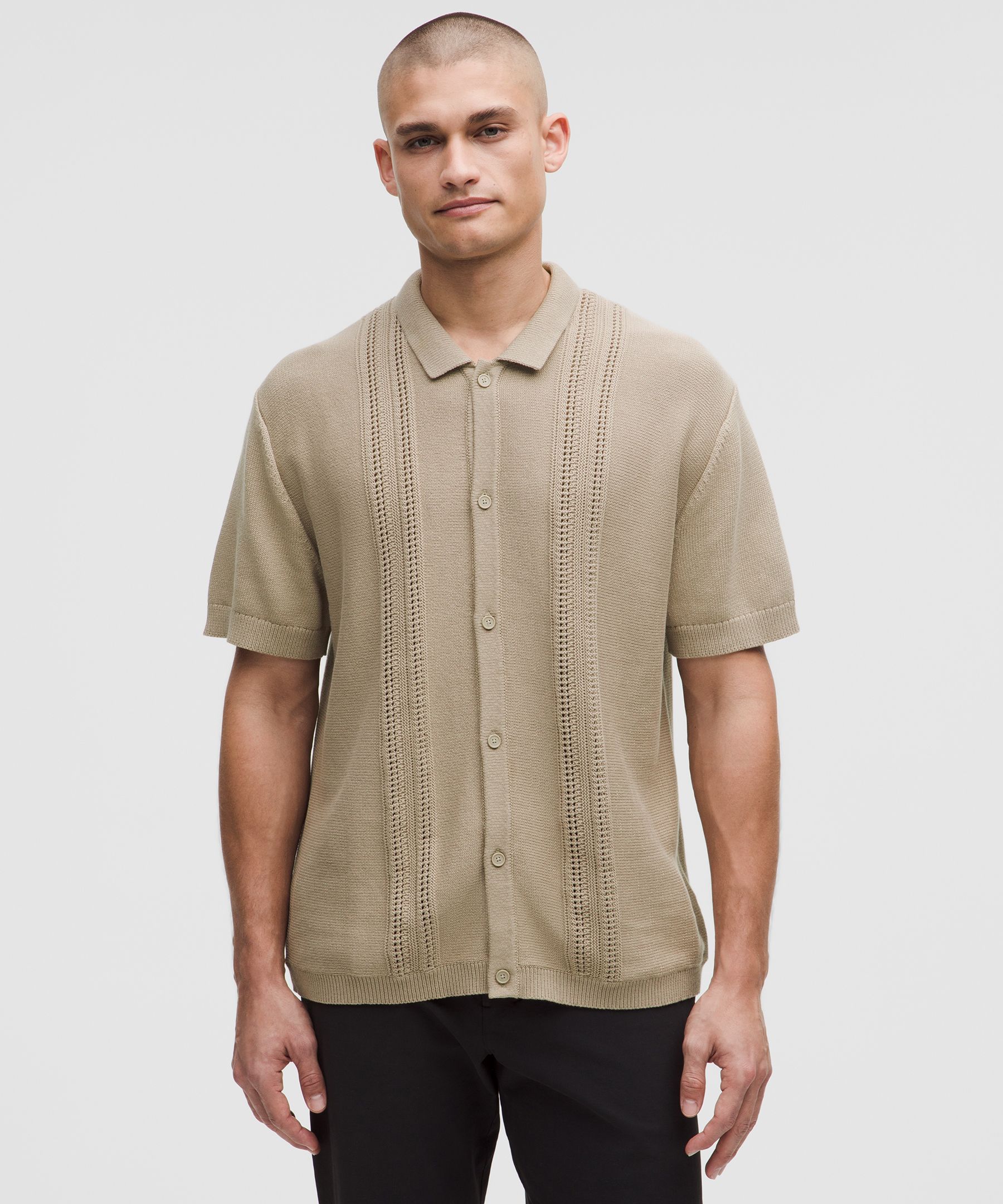 Cotton-Blend Knit Button Up Short-Sleeve Shirt - Brown