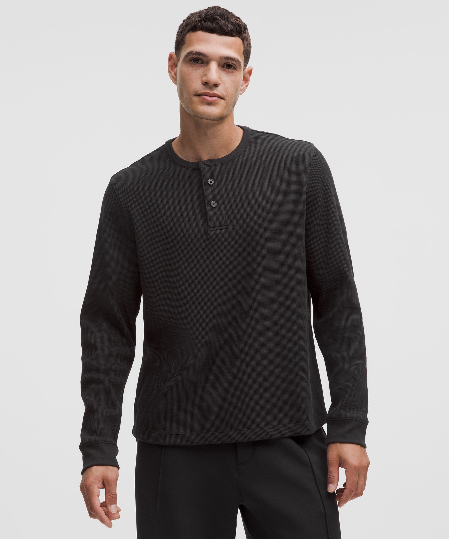 Cotton-Blend Waffle Knit Long-Sleeve Henley