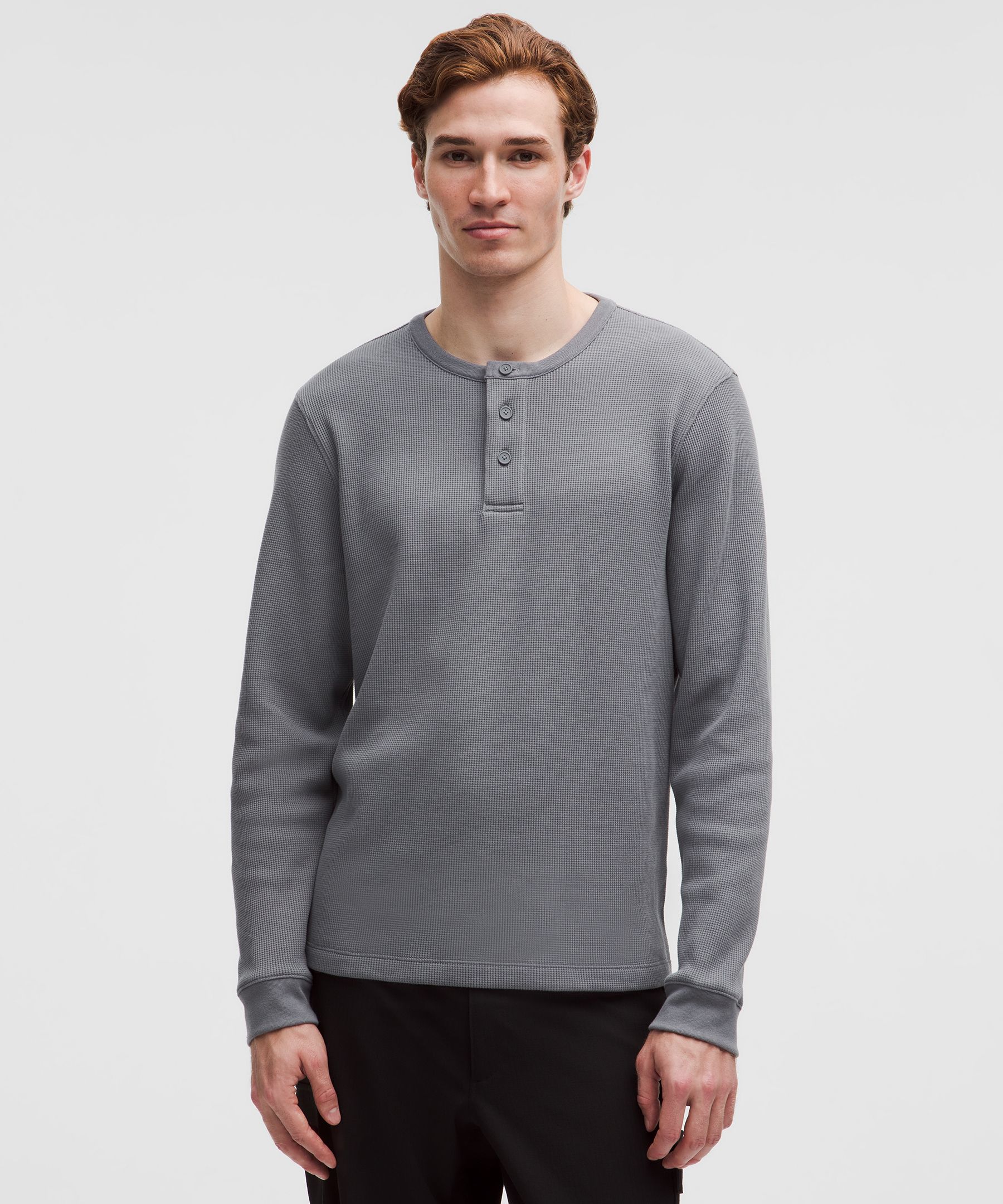 Cotton-Blend Waffle Knit Long-Sleeve Henley - Grey