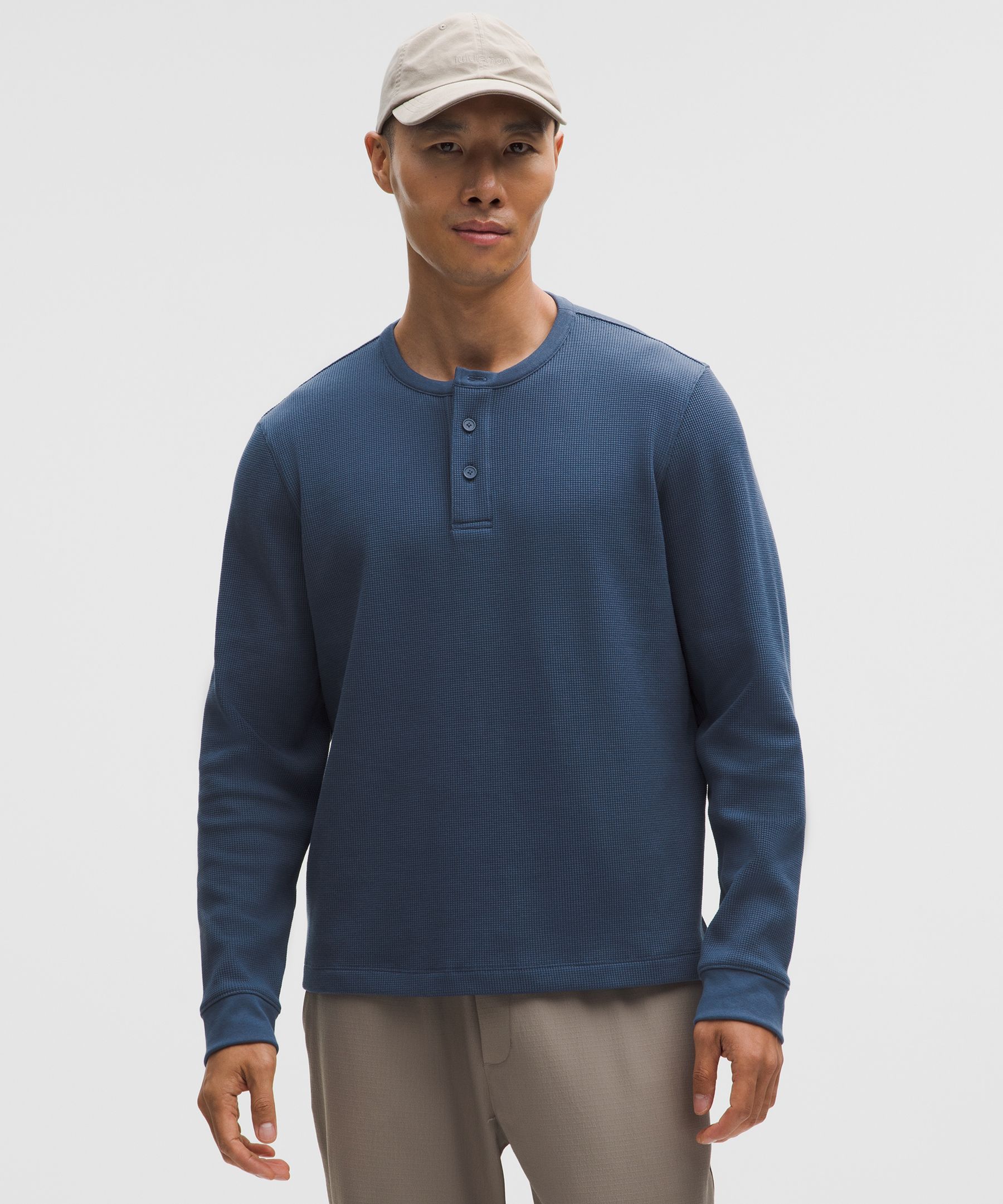 Cotton-Blend Waffle Knit Long-Sleeve Henley