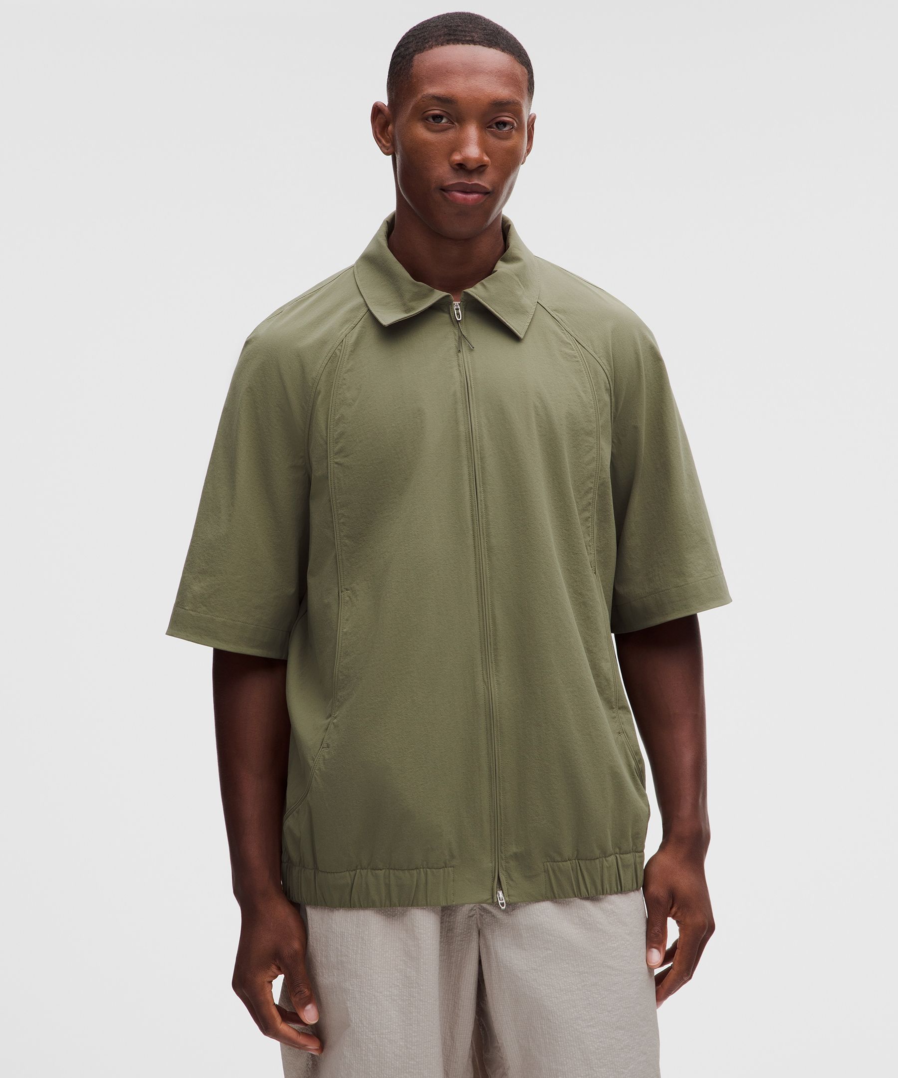Stretch Woven Zip-Front Short Sleeve Shirt