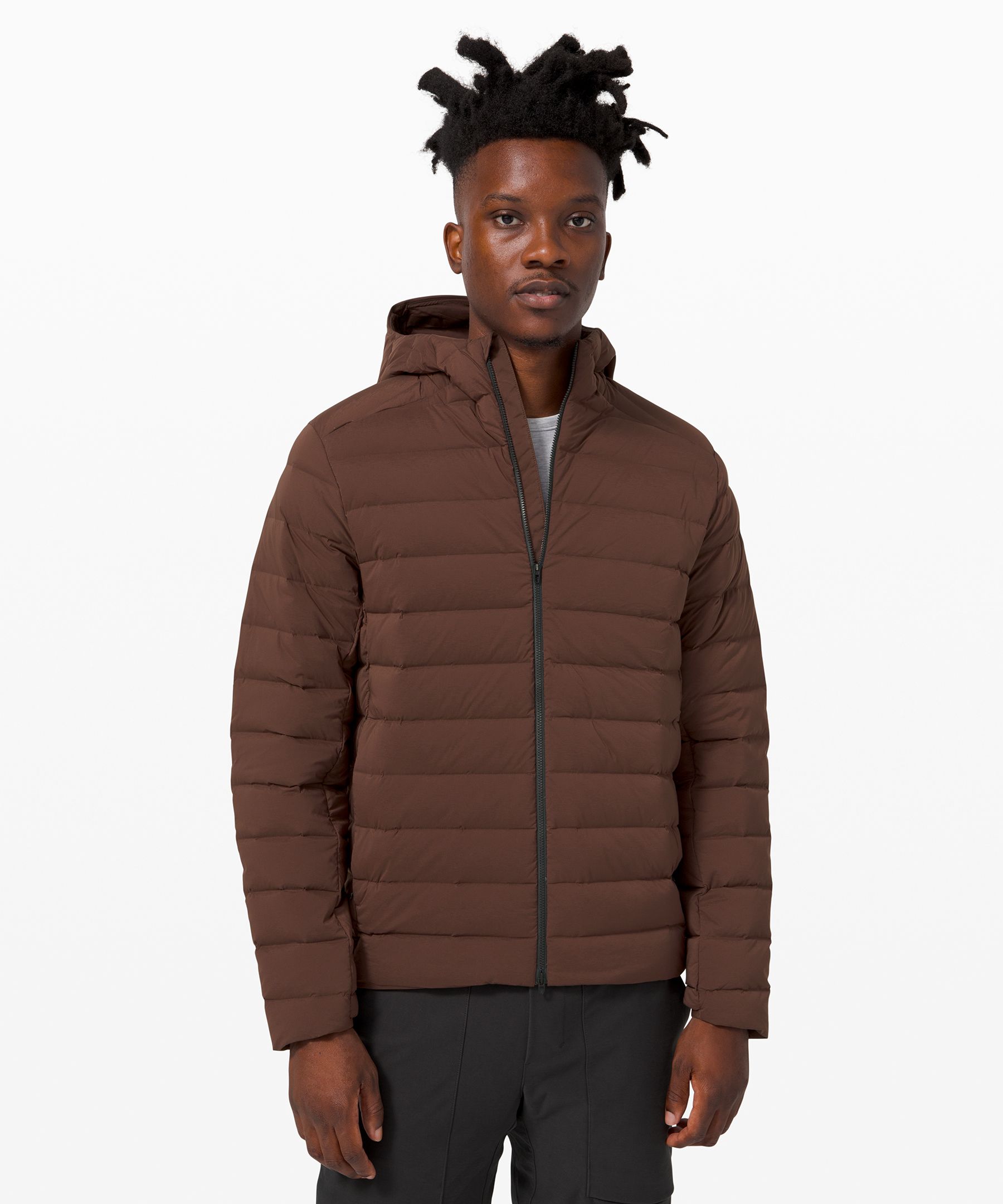 Lululemon Navigation Stretch Down Hoodie In Brown