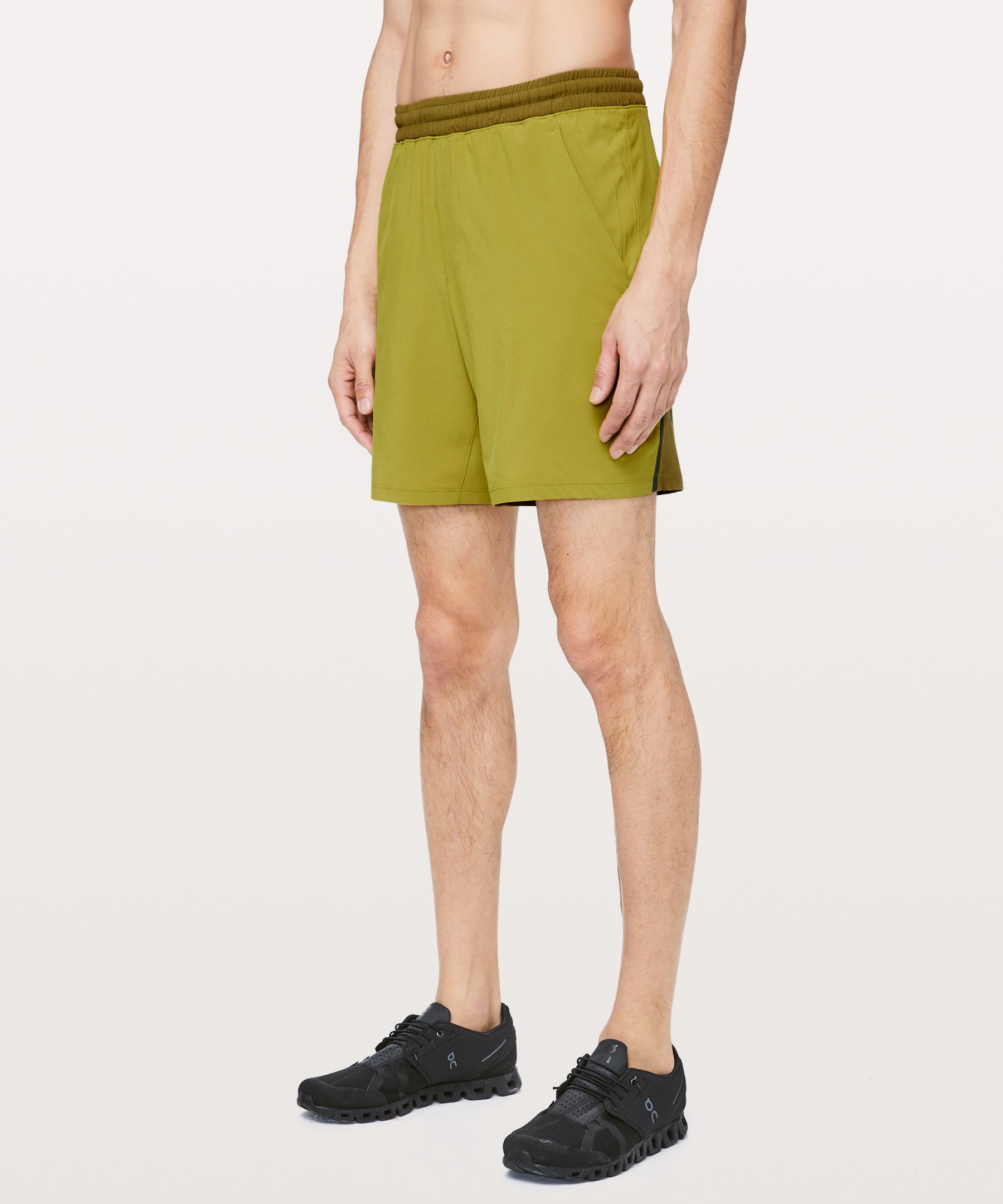 Lululemon Pace Breaker Short 7" *linerless In Golden Lime/mossy/grey Sage