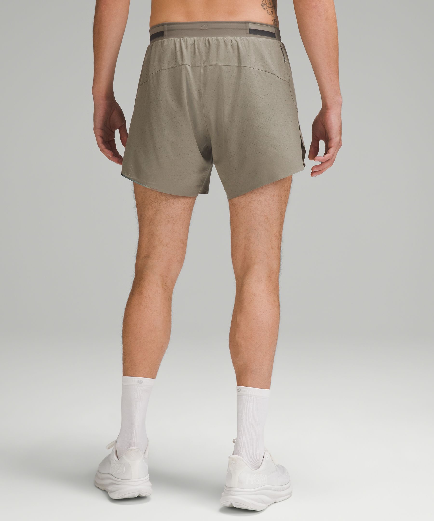 Lululemon Mens Lined Running Shorts Size M 4 Inseam gray back zip pocket