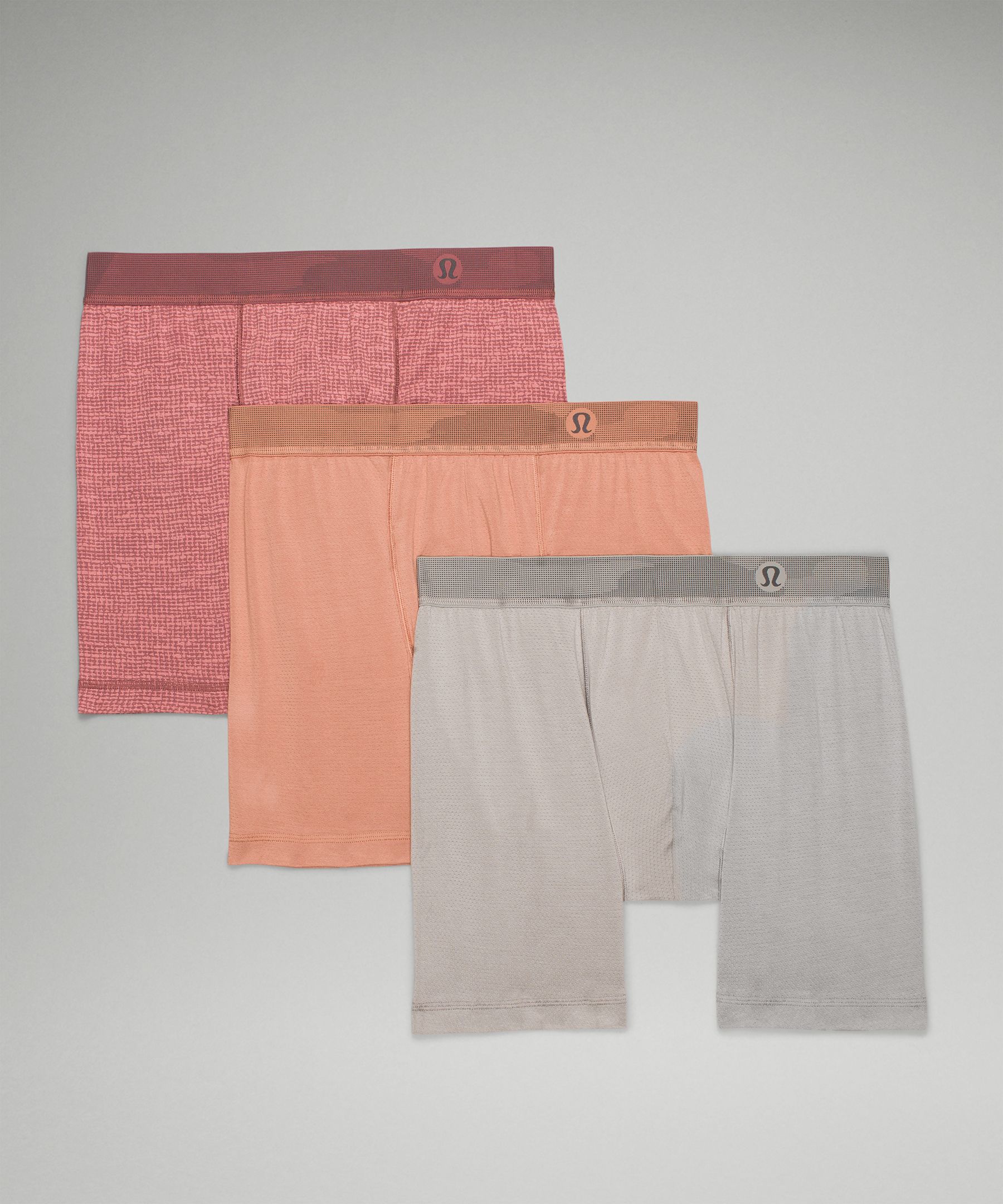 Lululemon Always In Motion Mesh Boxers 5" 3 Pack In Gull Grey/canyon Rock/fractured Grid Brier Rose Smoky Red