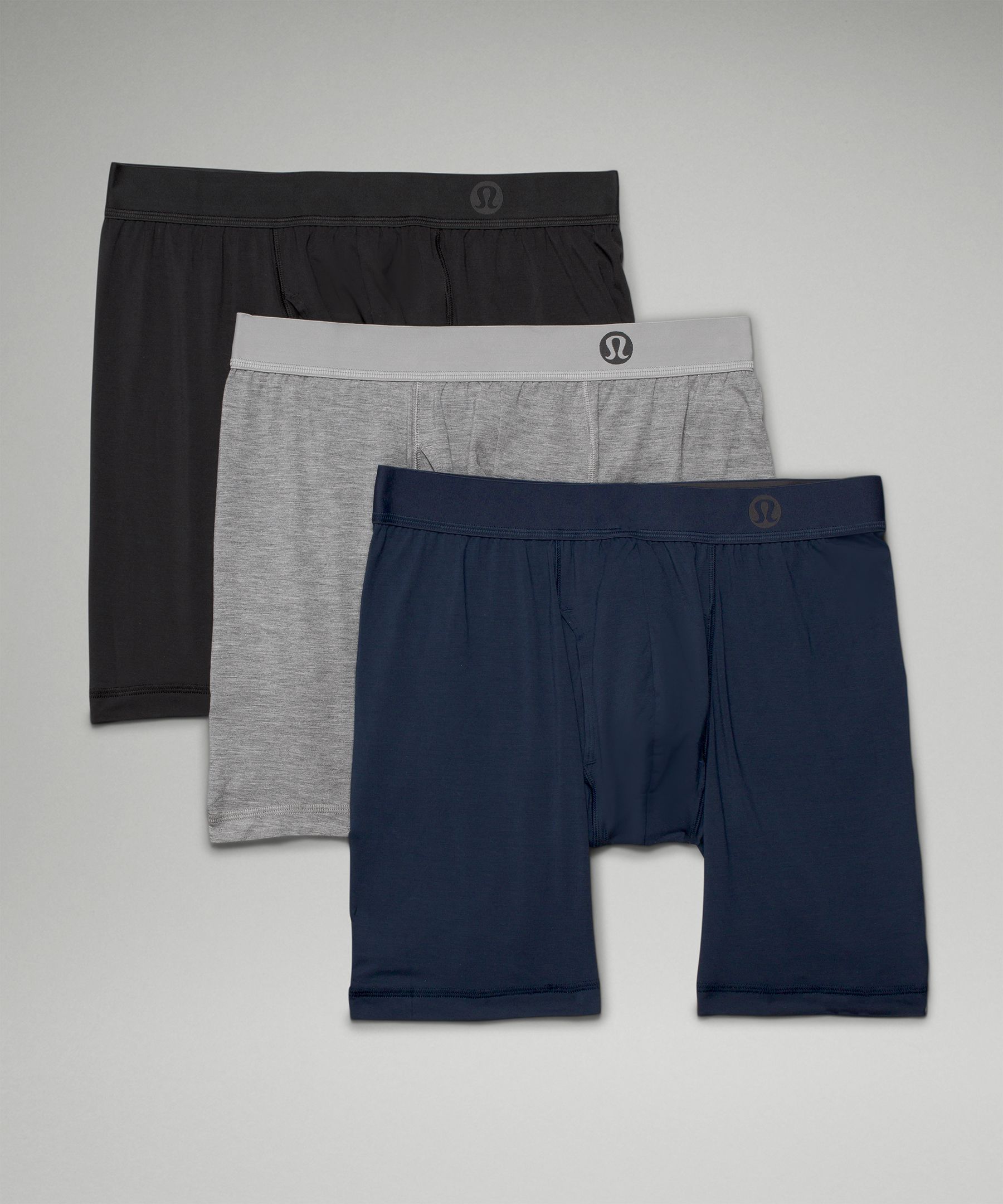 Lululemon Always In Motion Long Boxers With Fly 7" 3 Pack In Black/heathered Core Medium Grey/true Navy