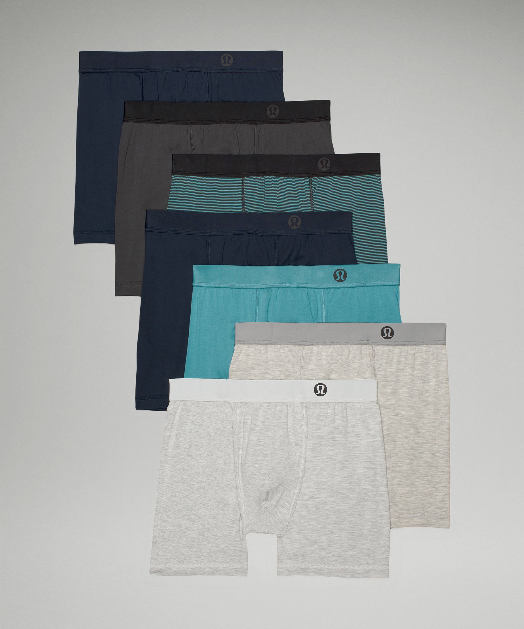 Lululemon Always In Motion Boxers 5" 7 Pack In True Navy/true Navy/jumie Stripe Print Crest Graphite Grey