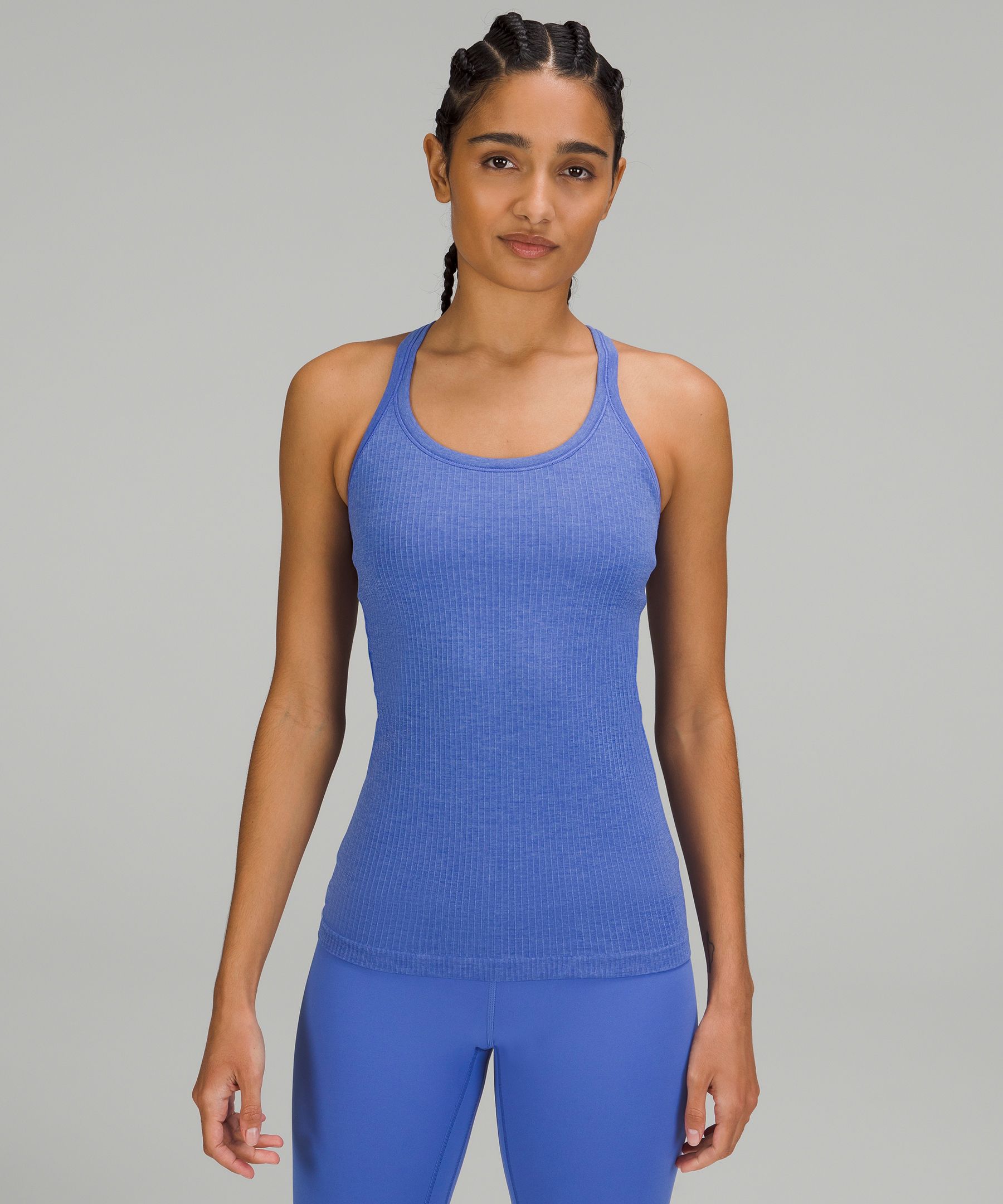 Chambray Align tank and Blue Cast Ebb to Street crop tank. I'm so