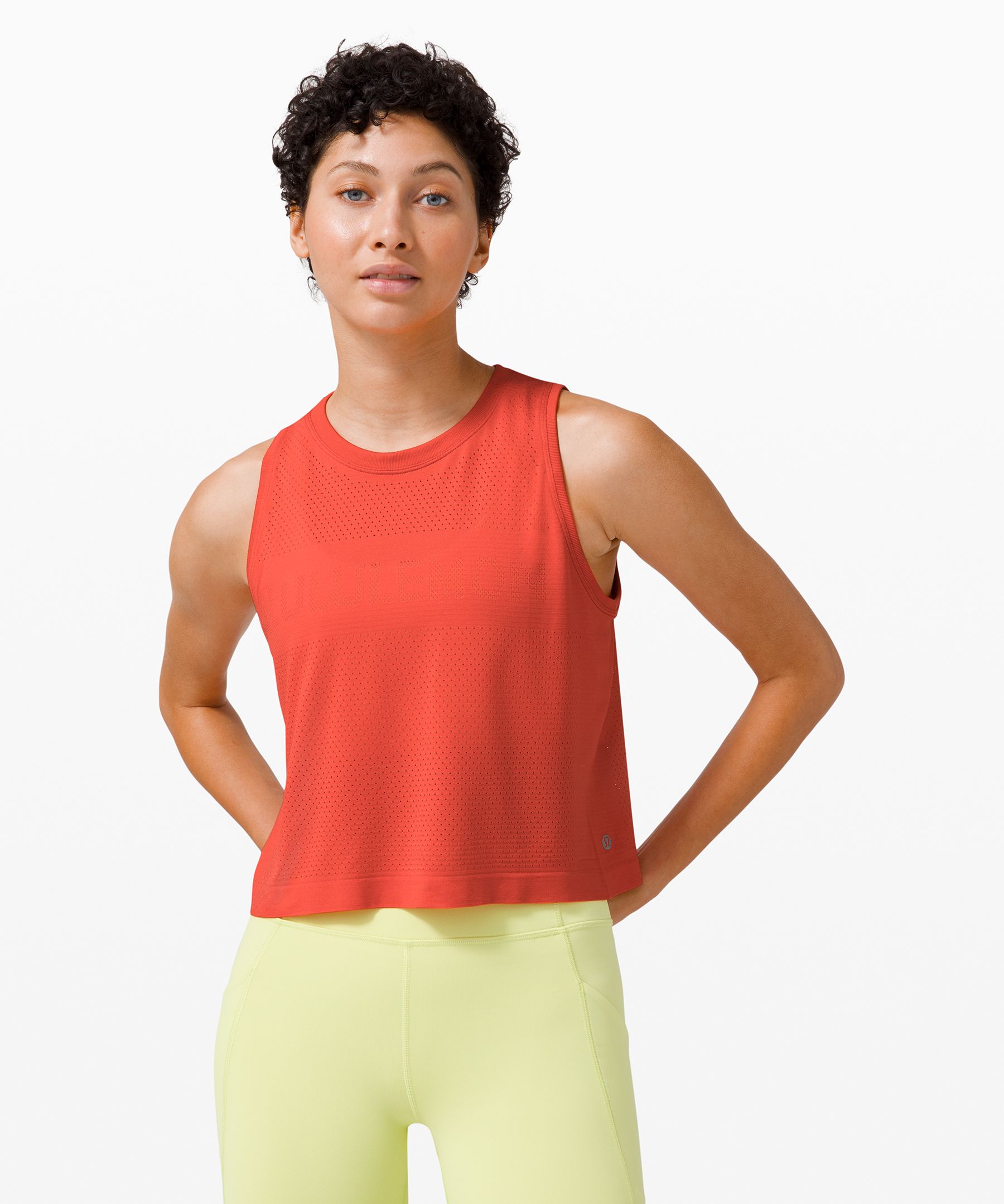 Lululemon Breeze By Muscle Crop Tank Top Logo In Carnation Red/carnation Red