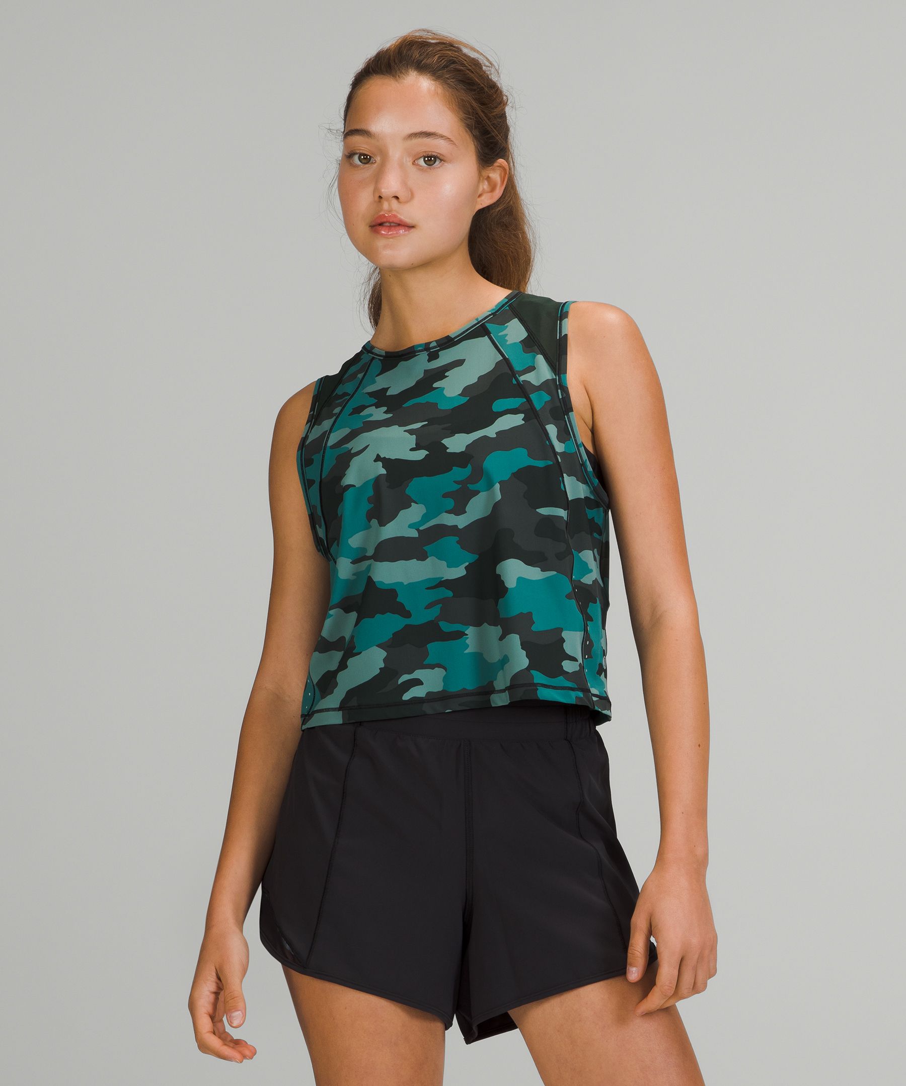 Lululemon Sculpt Cropped Tank Top In Heritage 365 Camo Tidewater Teal /rainforest Green
