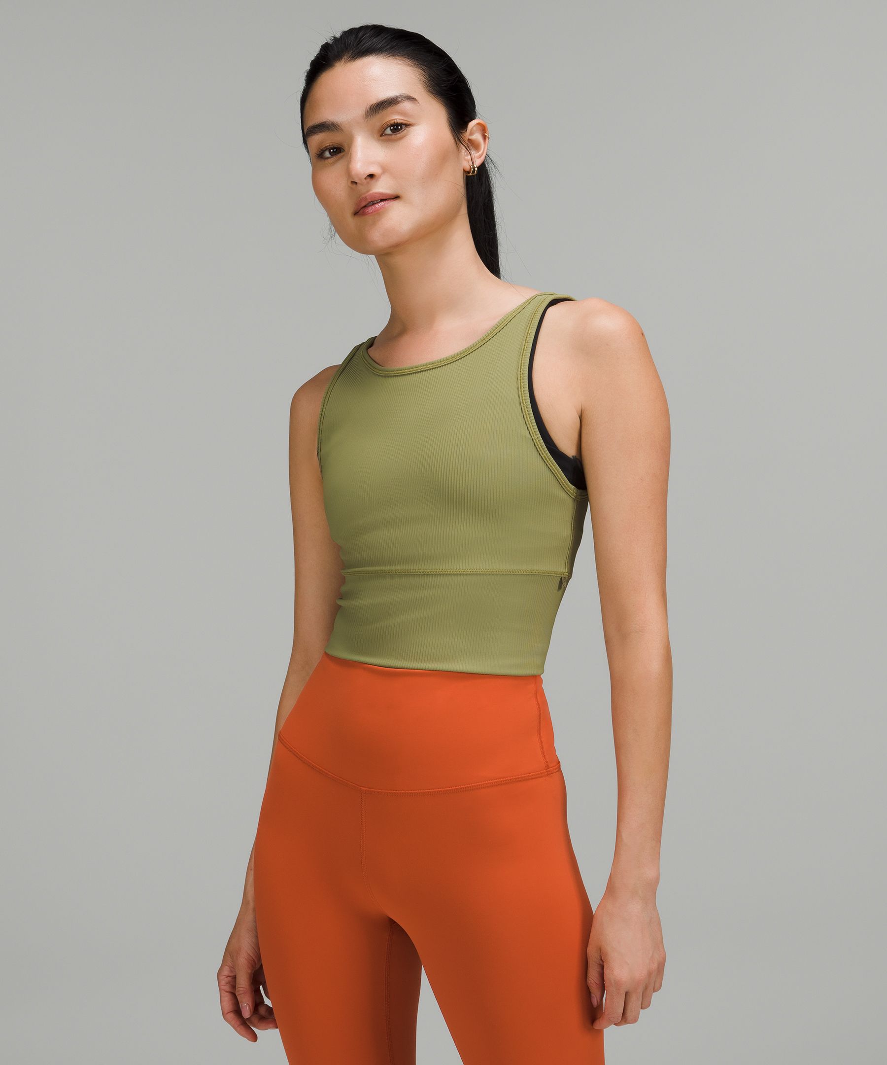 Lululemon Power Pivot Ribbed Tank Top In Bronze Green