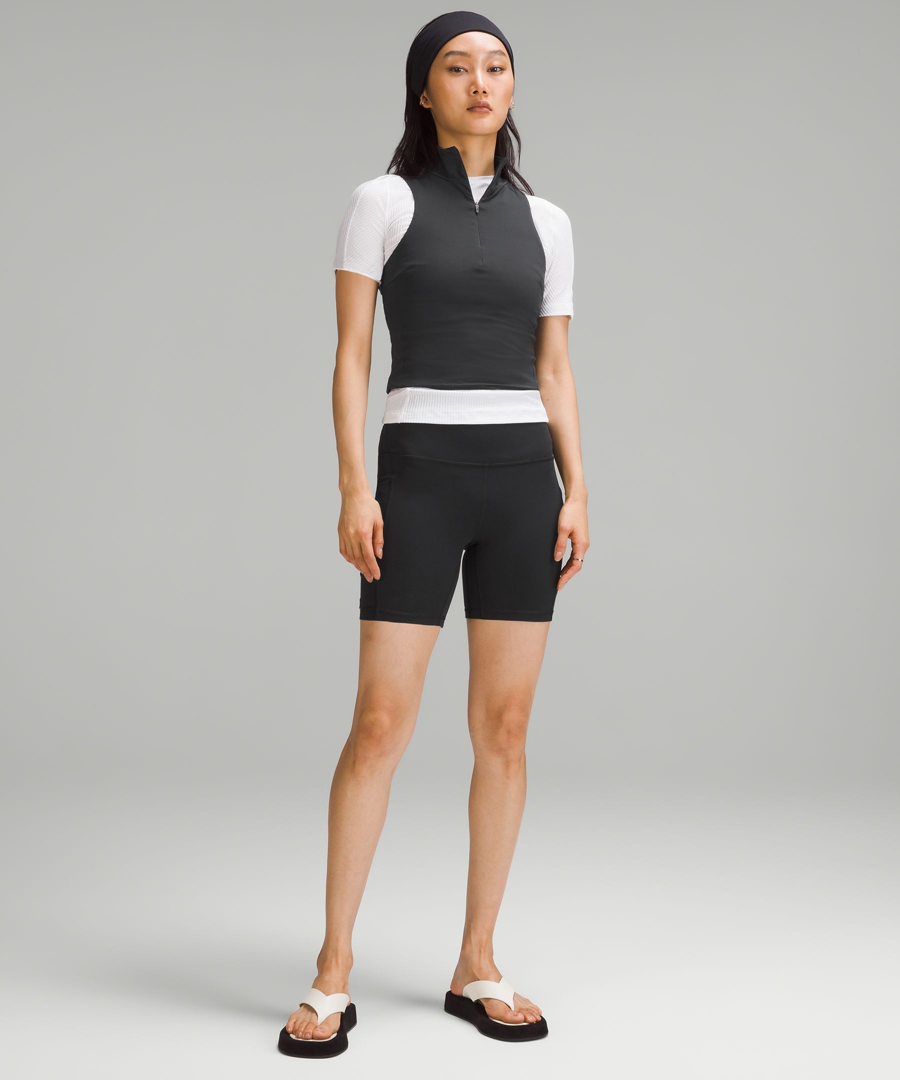 Tight-Fit Lined Half-Zip Tank Top - Black,Neutral