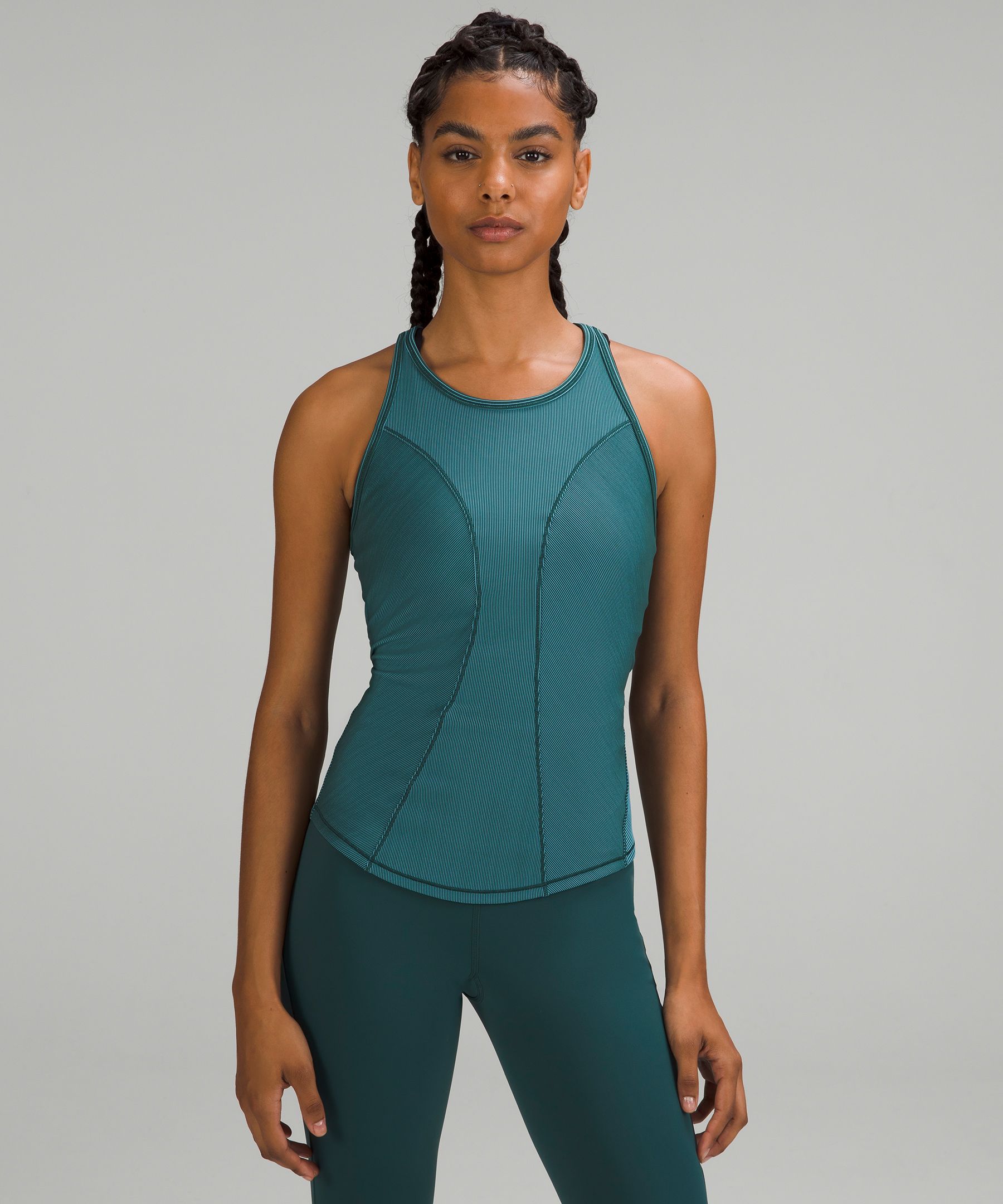 Base pace ribbed tank in blazer blue tone (8), track that mid-rise 5”  shorts in wild mint (6) : r/lululemon