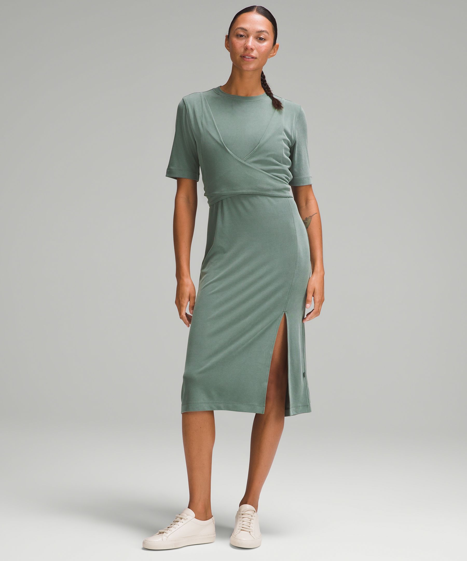 Wrap-Front Soft Ribbed Midi Dress