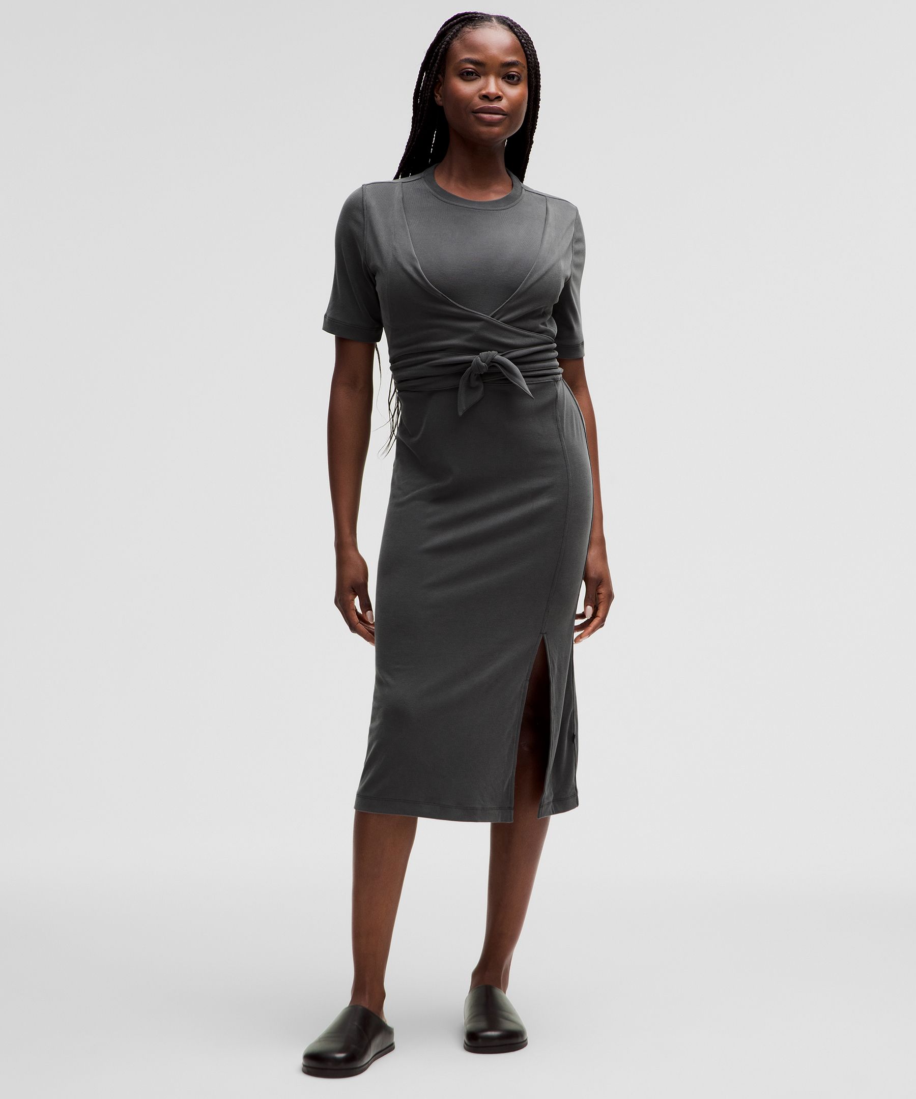 Wrap-Front Soft Ribbed Midi Dress