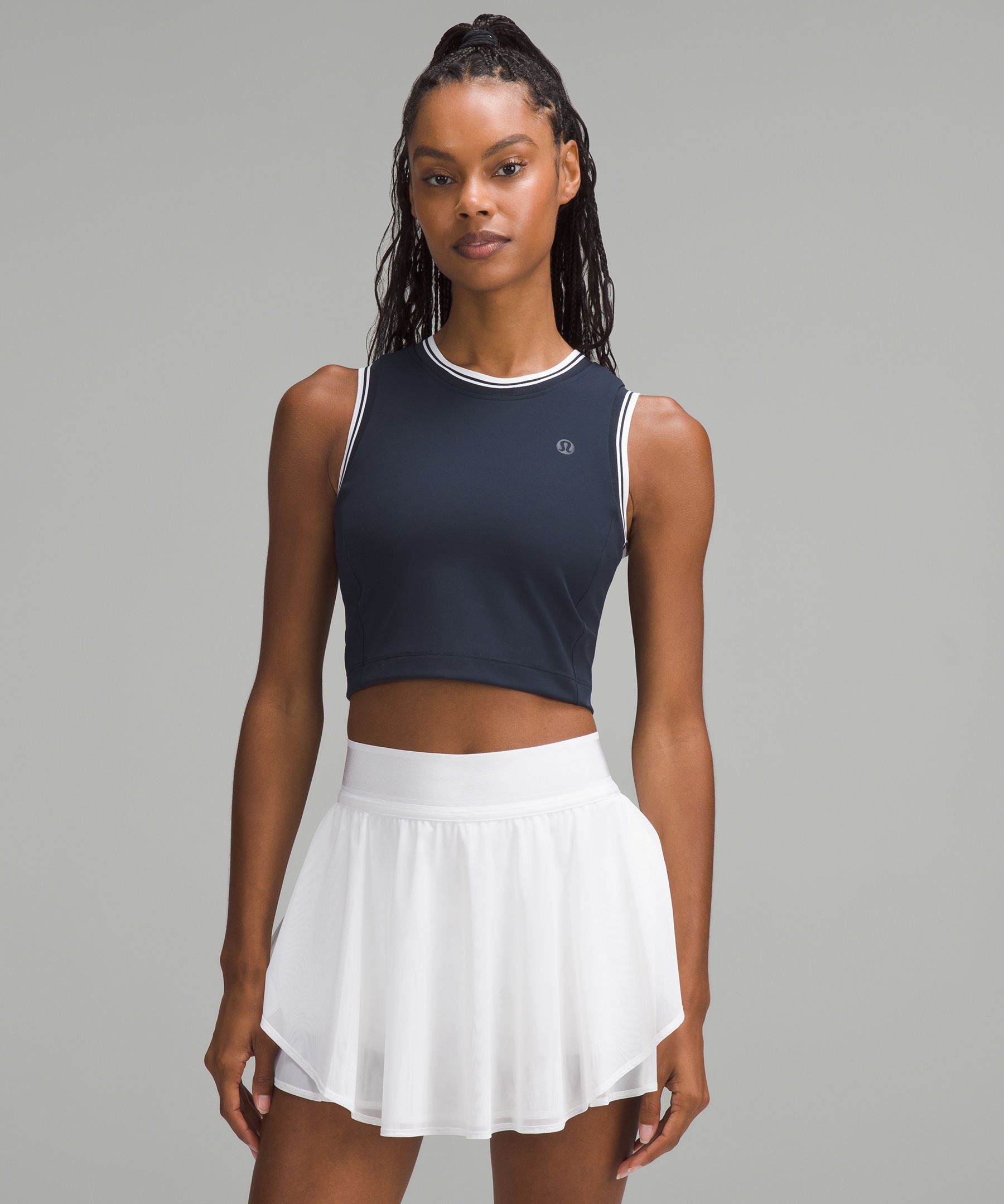 lululemon – Women's Varsity Scoop-Neck Cropped Tennis Tank Top Medium Support, B/C Cup – Color White/Blue – Size 12