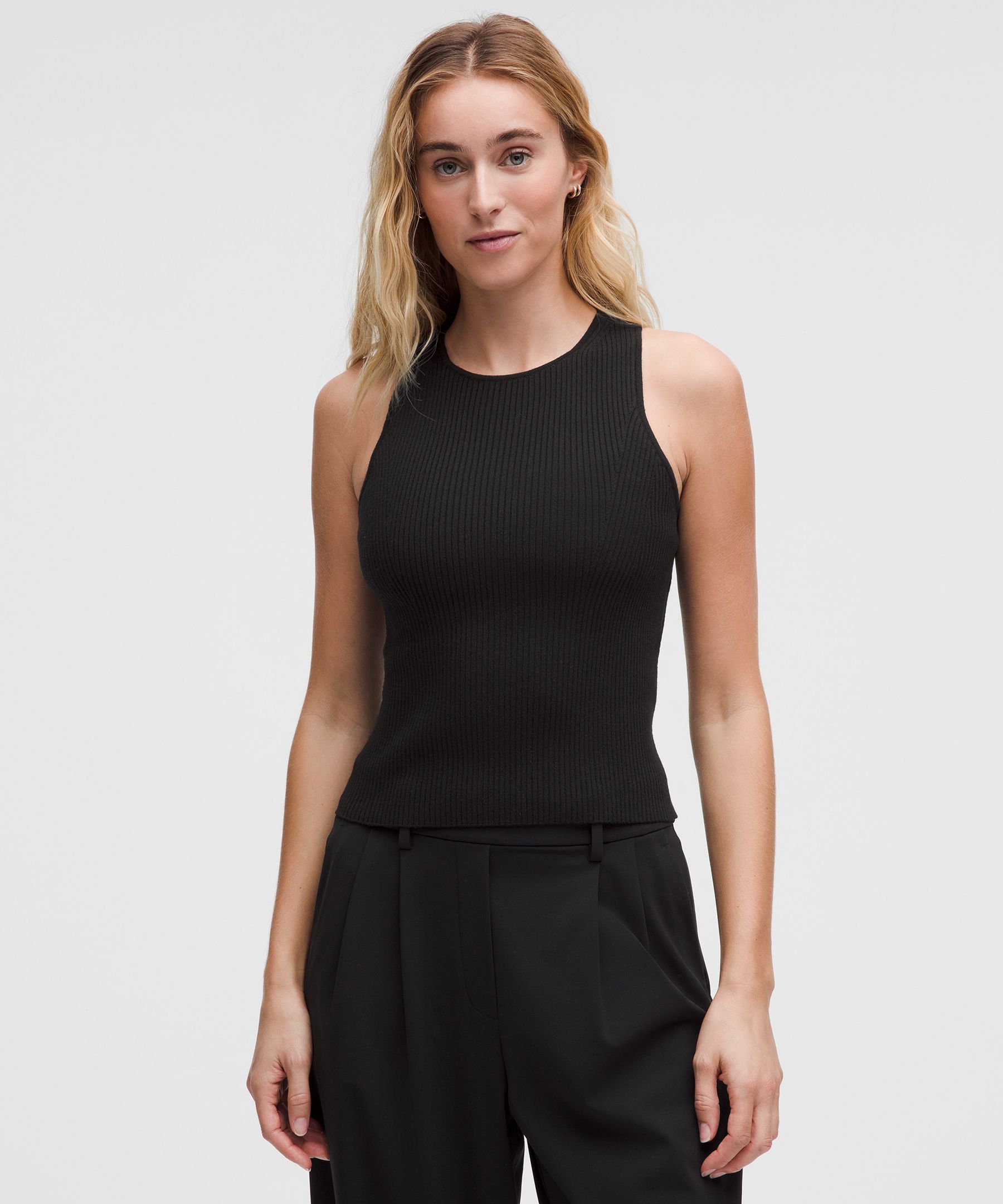 Merino Wool Open-Back Tank Top - Black