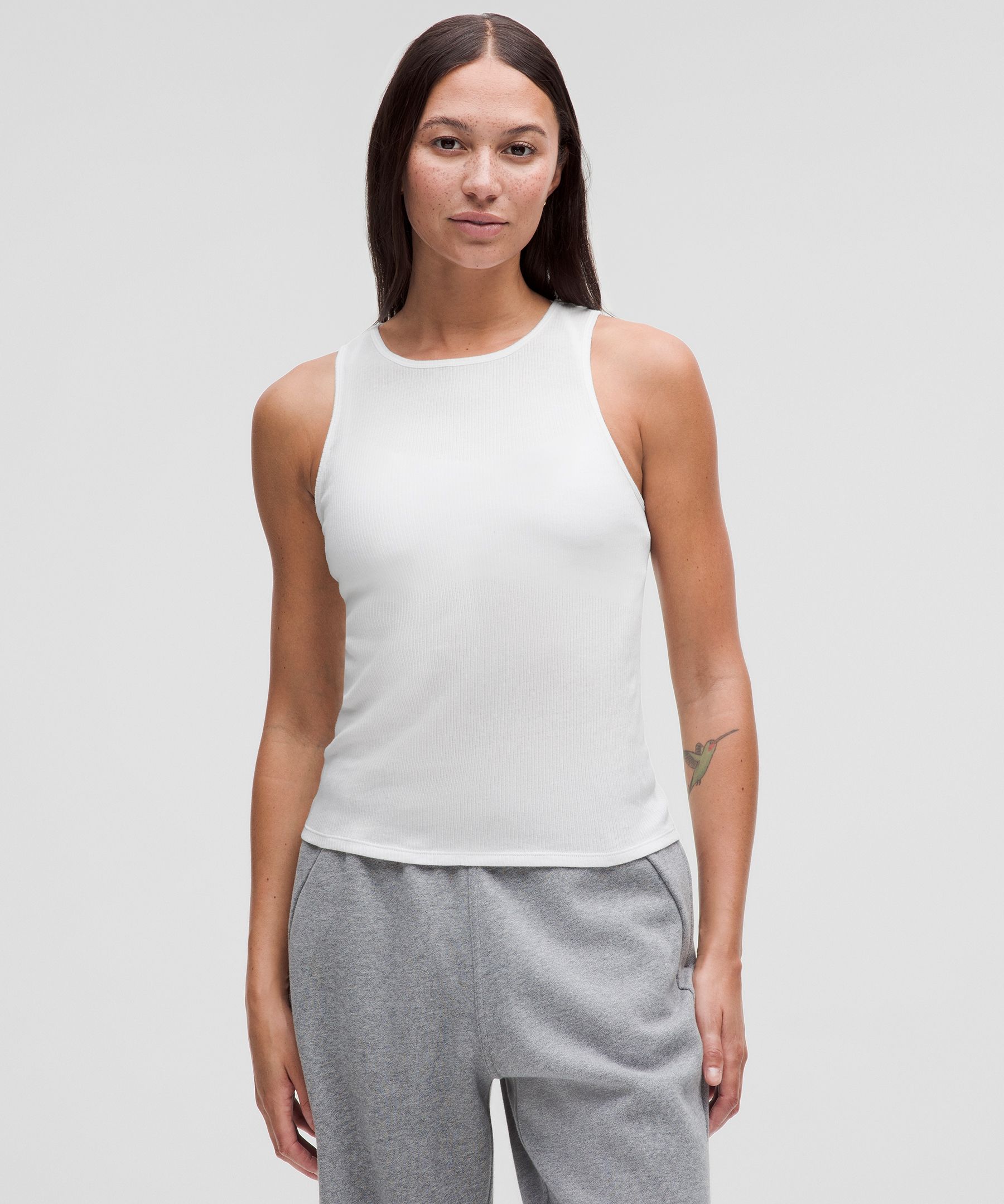 Sheer Cotton Ribbed Tank Top - White,Neutral