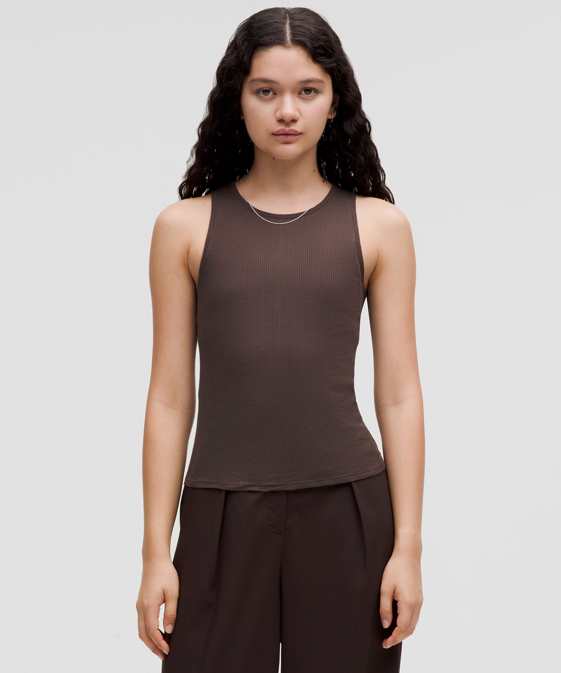 Sheer Cotton Ribbed Tank Top - Brown,Neutral