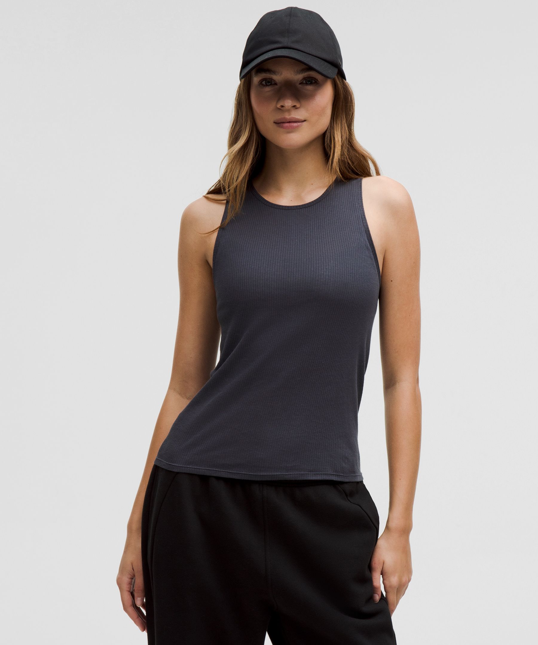 Sheer Cotton Ribbed Tank Top - Black,Neutral