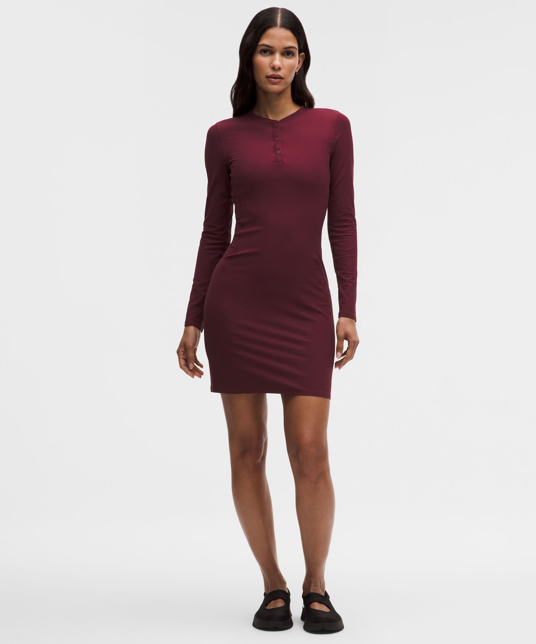 All Aligned Ribbed Long-Sleeve Henley Dress