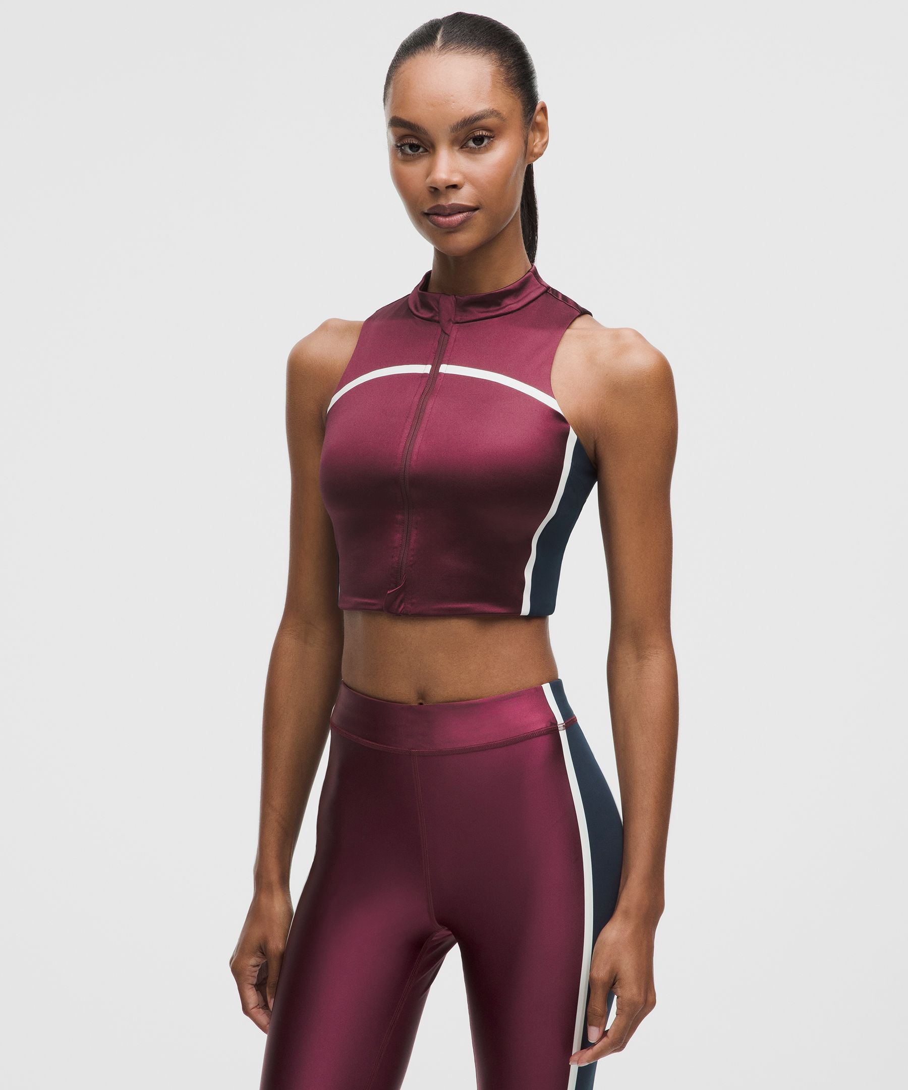 lululemon – Women’s Satin Shine Full-Zip Tank Top Medium Support, B/C Cup Stripe – Color Burgundy/Red/Blue – Size Large