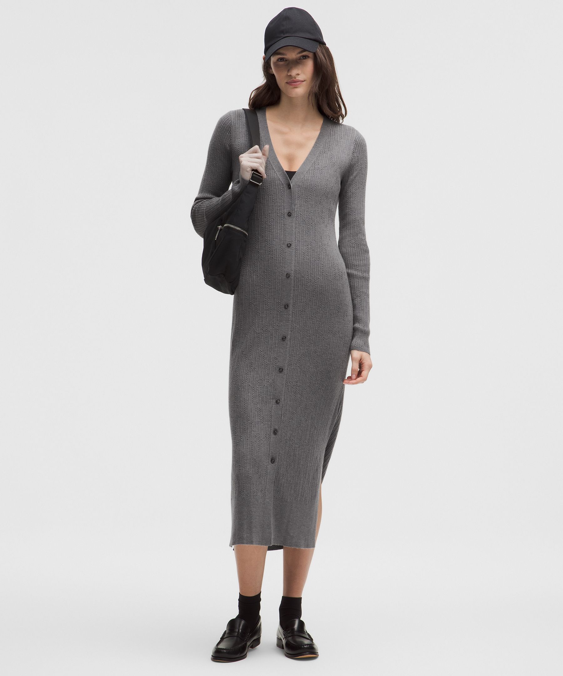 Lululemon Micro Cable Merino-blend Buttoned Midi Dress In Gray