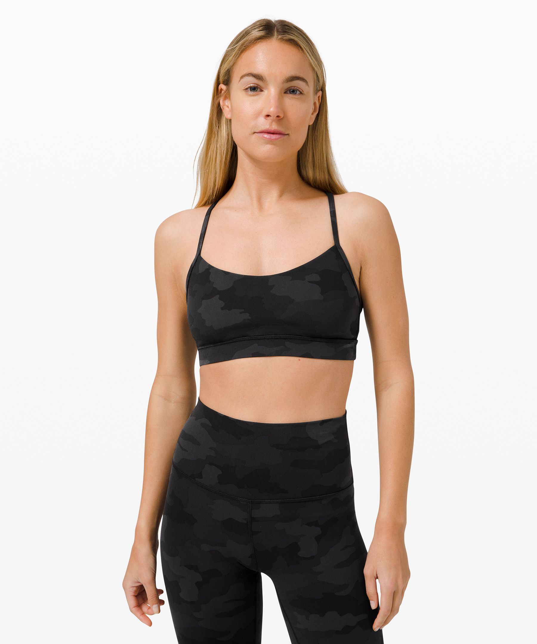 Lululemon Flow Y Bra Nulu *light Support, B/c Cup In Code Emboss Black