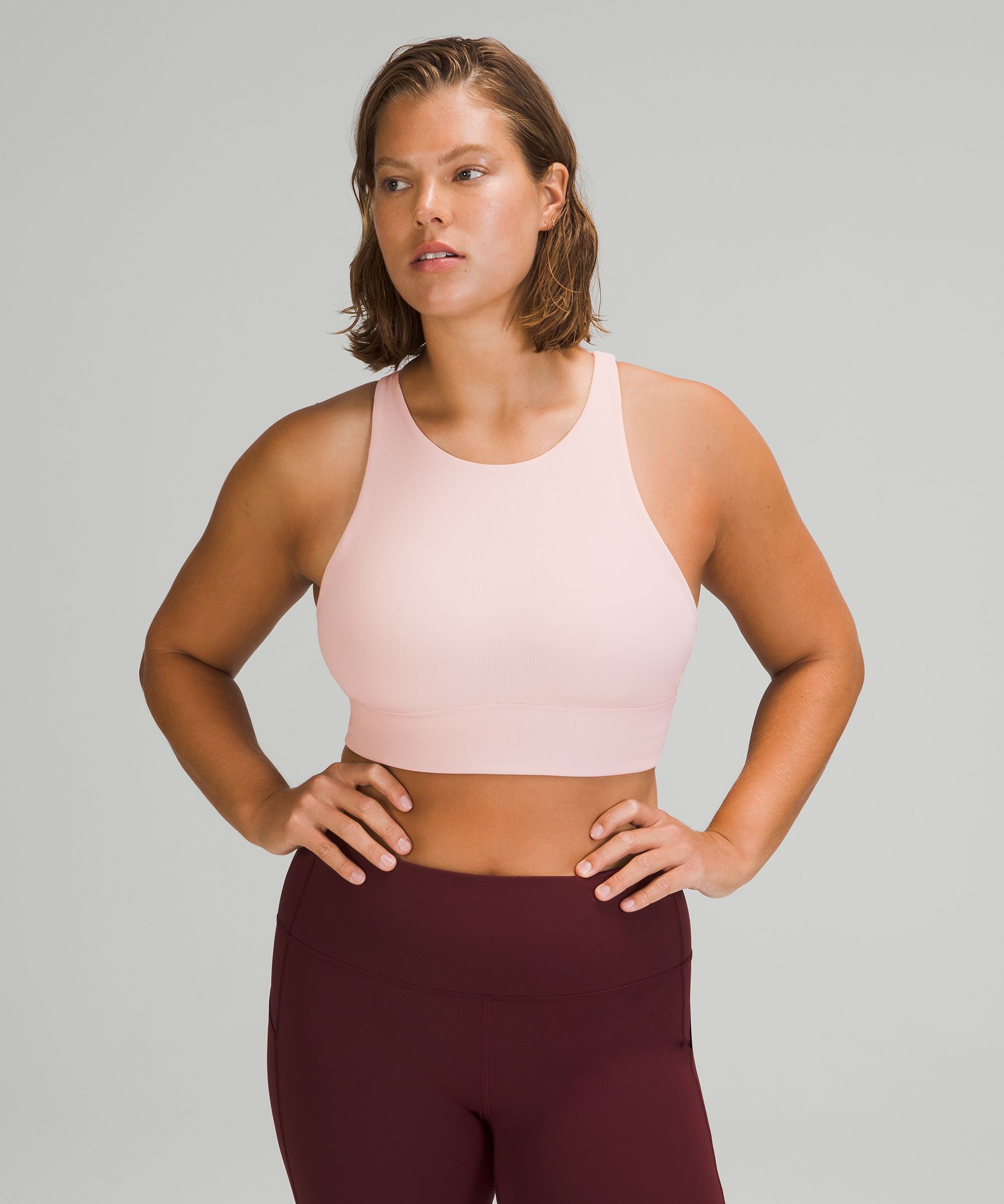 Lululemon Energy Bra High Neck Long Line Rib *medium Support, B–d Cups In  Orange