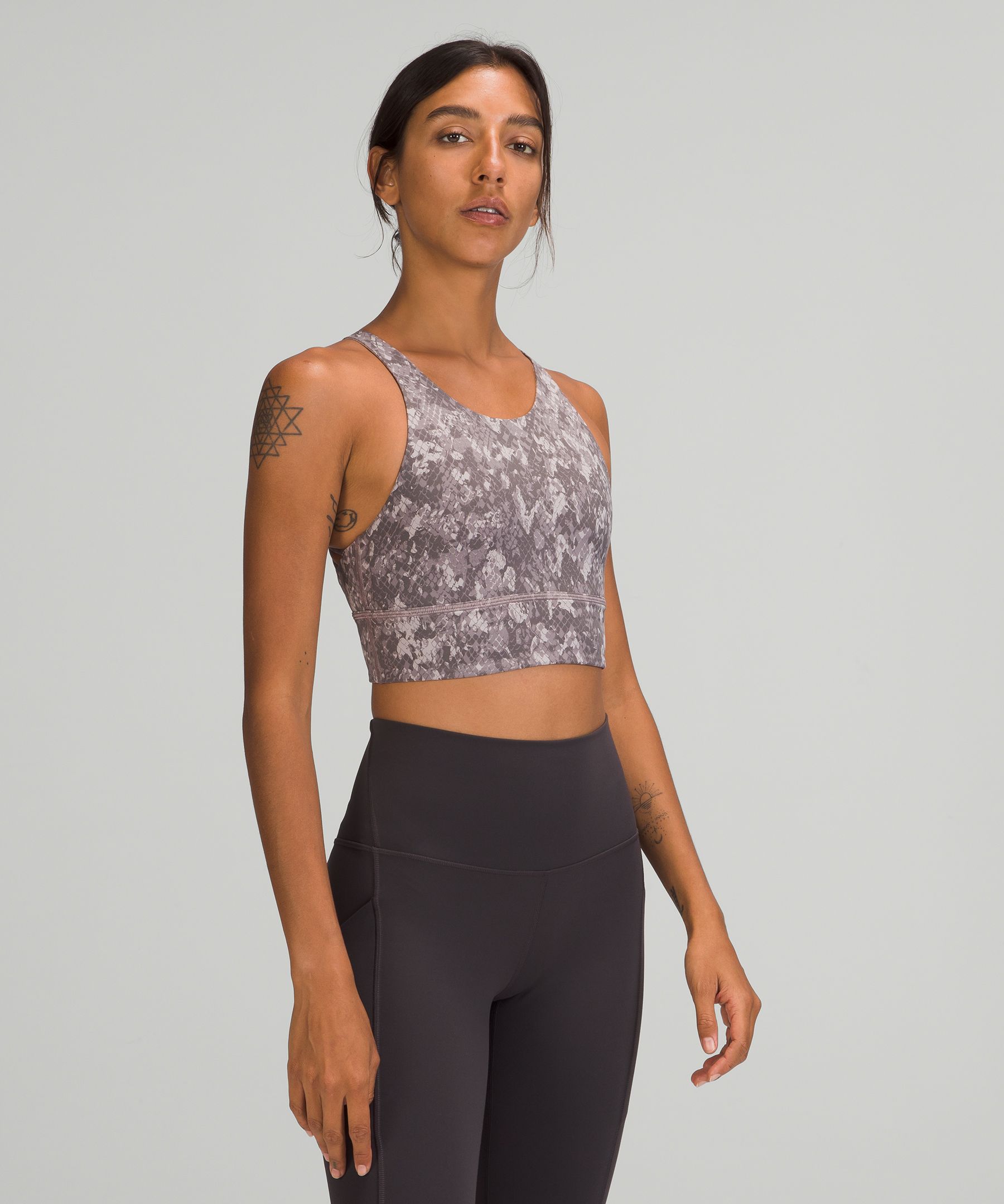 Lululemon Free To Be High-neck Longline Bra Wild Light Support, A/b Cup In Hideaway Camo Lunar Rock