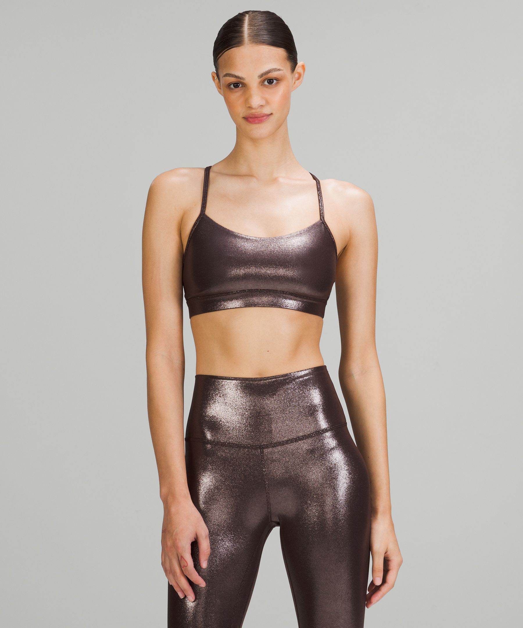 Lululemon Flow Y Nulu Bra Shine Light Support, A-c Cups In Radiate Foil Print French Press