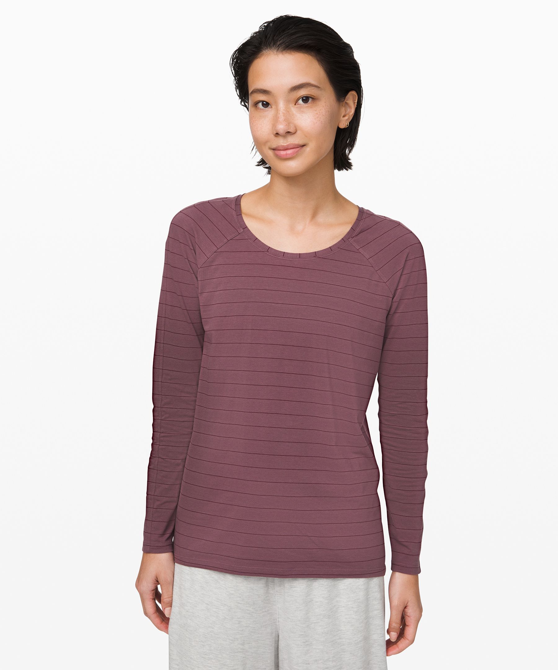 Lululemon Emerald Long Sleeve In Short Serve Stripe Antique Bark Garnet