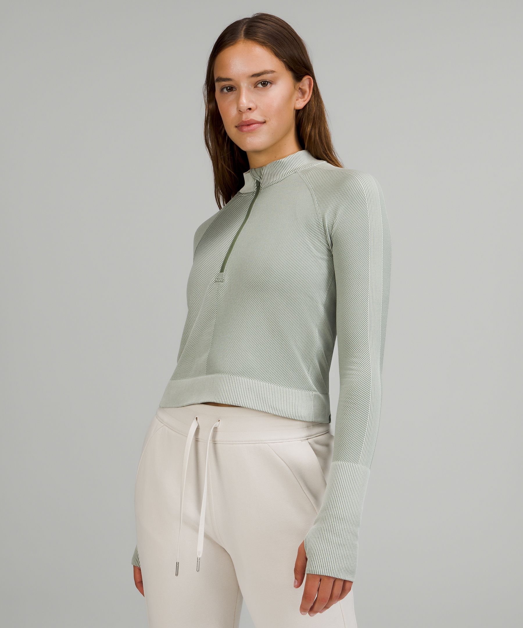 Lululemon Rest Less Cropped 1/2 Zip In Diagonal Rib Green Twill/light Sage